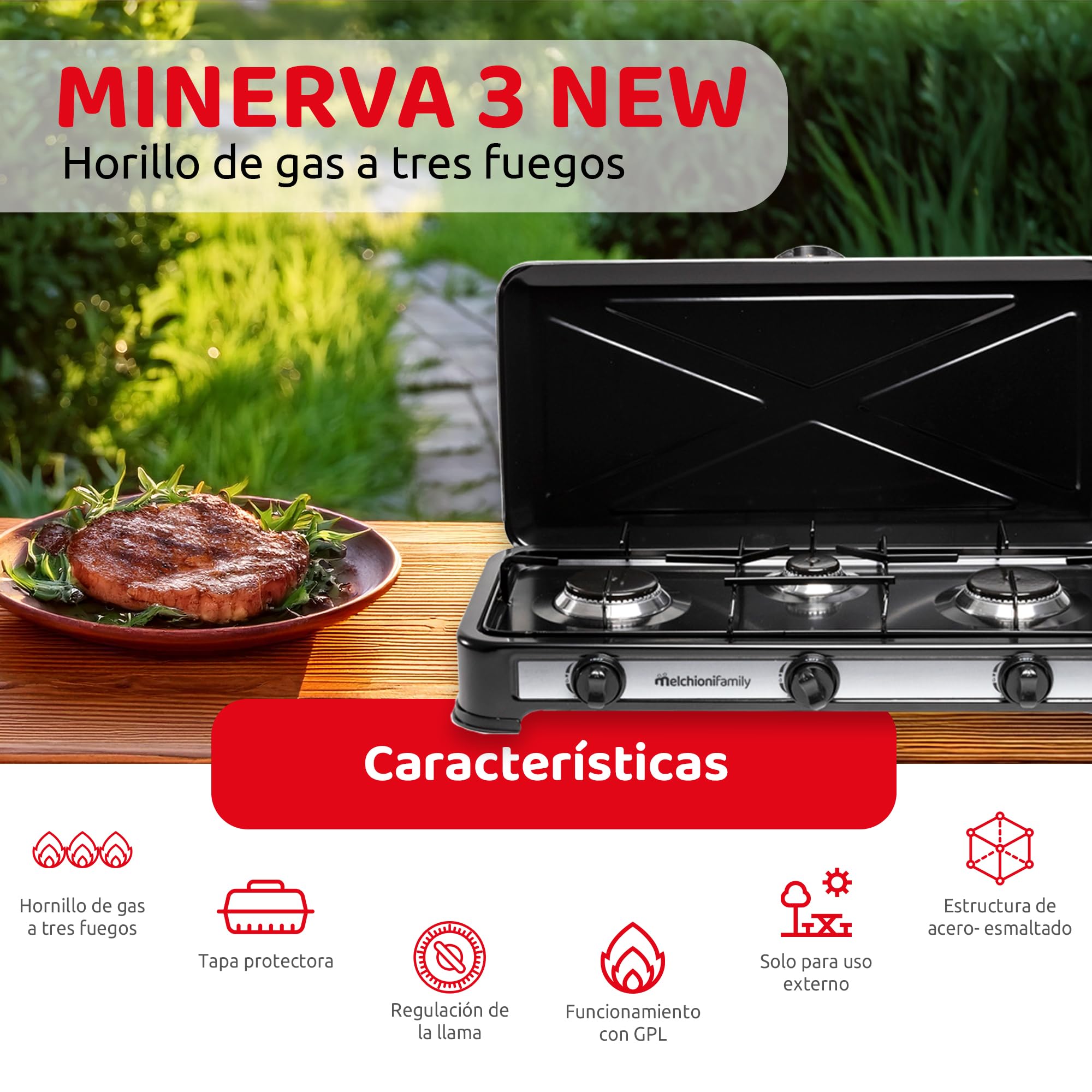 Melchioni Family | Hornillo de Camping 3 Fuegos Negro MINERVA 3, Gas GPL, Tapa Protectora, Parrilla y Quemadores Extraíbles, Estructura de Acero Esmaltado