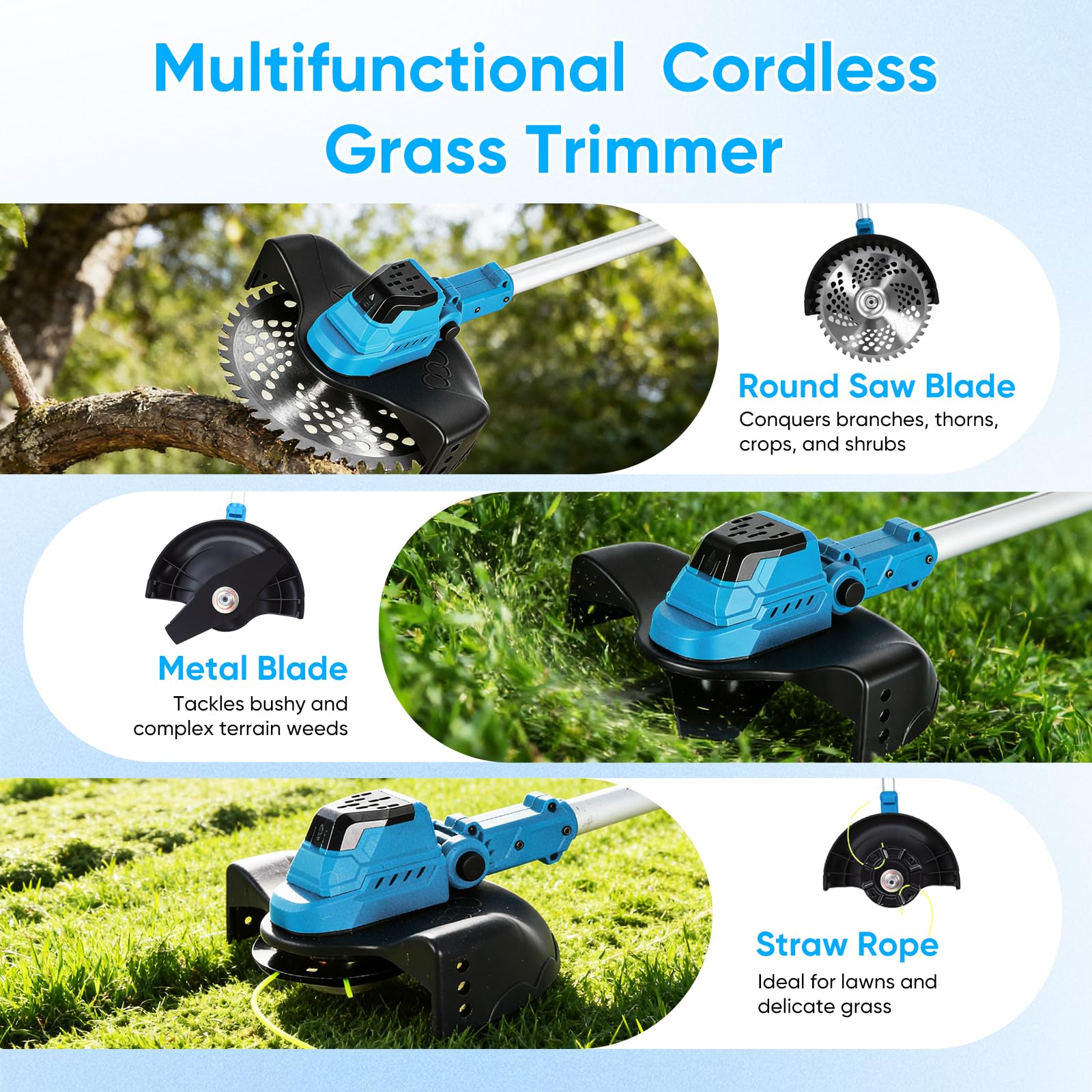 Desbrozadora Inalámbrica 600W, Cortacésped y Bordes 2-en-1, Motor Brushless con Pantalla LED, Mango Ajustable, con 2 baterías, Incluye Cuchillas y Gafas de Seguridad