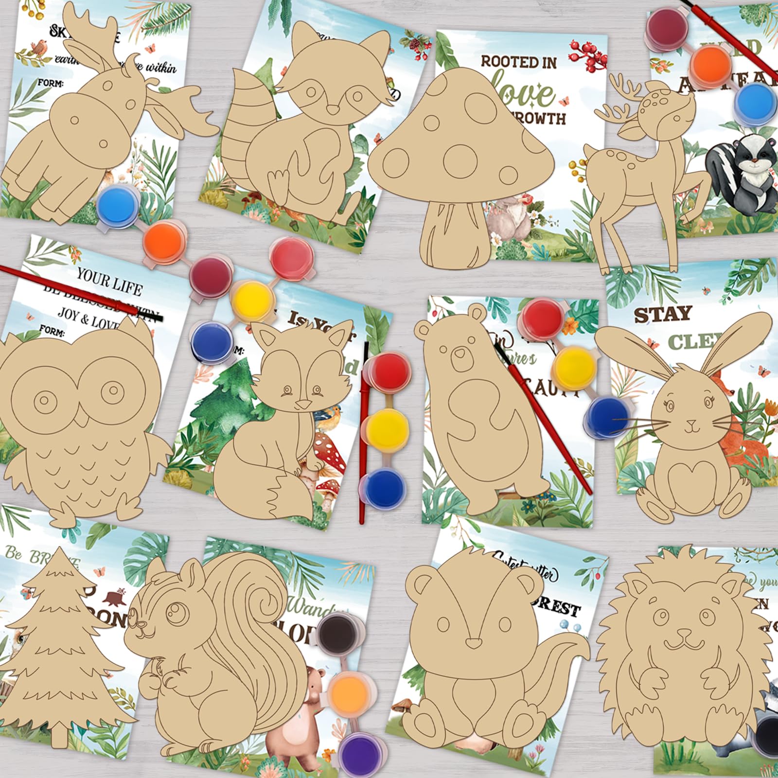 QICI 24 PCS Woodland Animals Cards with Art Supplies - Woodland Animals Wood Painting Craft Kits - Kids Christmas Birthday Boys Girls Gifts Bulk - Woodland Animals Party Favors