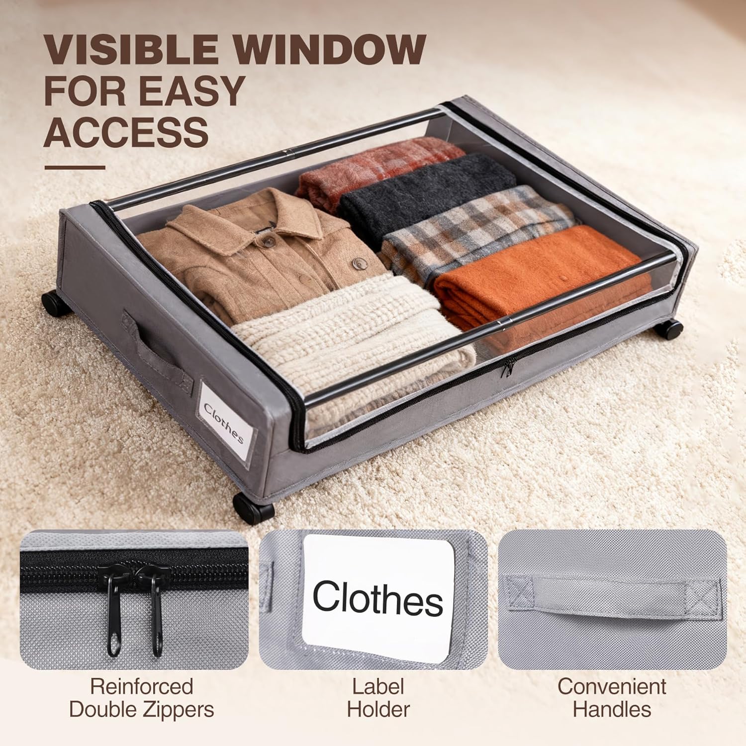 Under Bed Storage with Wheels, 2 Pack Under bed Storage Containers,XXL 60L Rolling Under bed Storage Bins for Clothes, Shoes, Blankets in Bedroom, Dorm,Grey