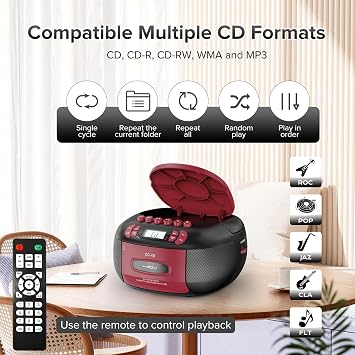 Kuephom CD Player Boombox with Cassette Player, Bluetooth, FM/AM and Remote | CD/MP3/USB Player with Stereo Sound, Tape Recording, Sleep Timer, Earphone Jack, DC/AC Powered