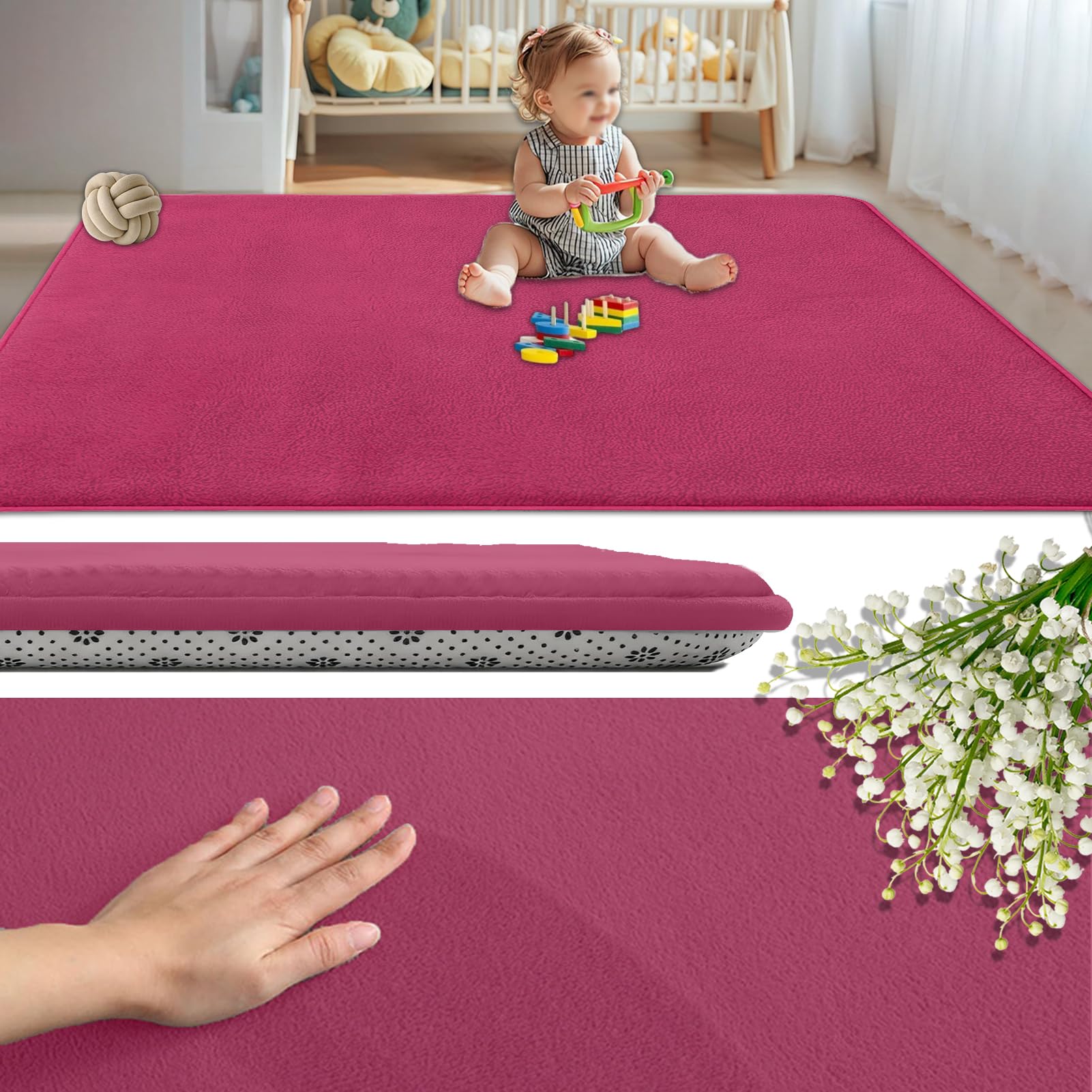 GmyoieqI Coral Velvet Baby Play Mat 2CM Thick, Non-Slip Backing Playmat for Floor Playroom Bedroom Yoga Mat 50 x 80 cm Large Memory Foam Area Rugs for Crawling Soft Play Tummy Time Activity Rose Red