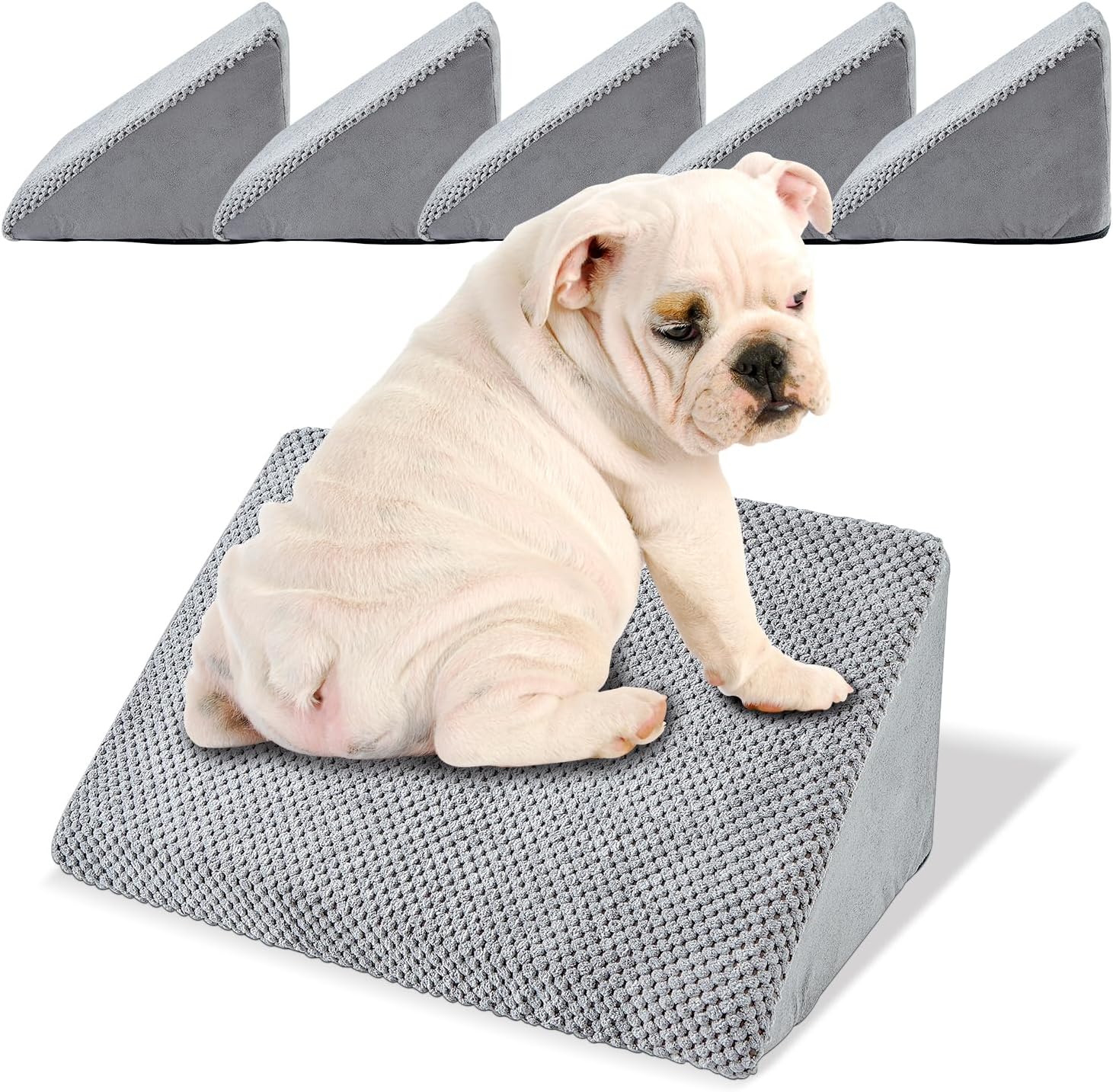 Dog Stairs for Small Dogs, Grey Modular Pet Stairs for Any Staircase, Grippy Dog Steps for Small Dogs with Anti-Slip Strip, Pet Ramps for Injured Dogs and Older Cats, Low Angled Dog Ramps (6 Pack)