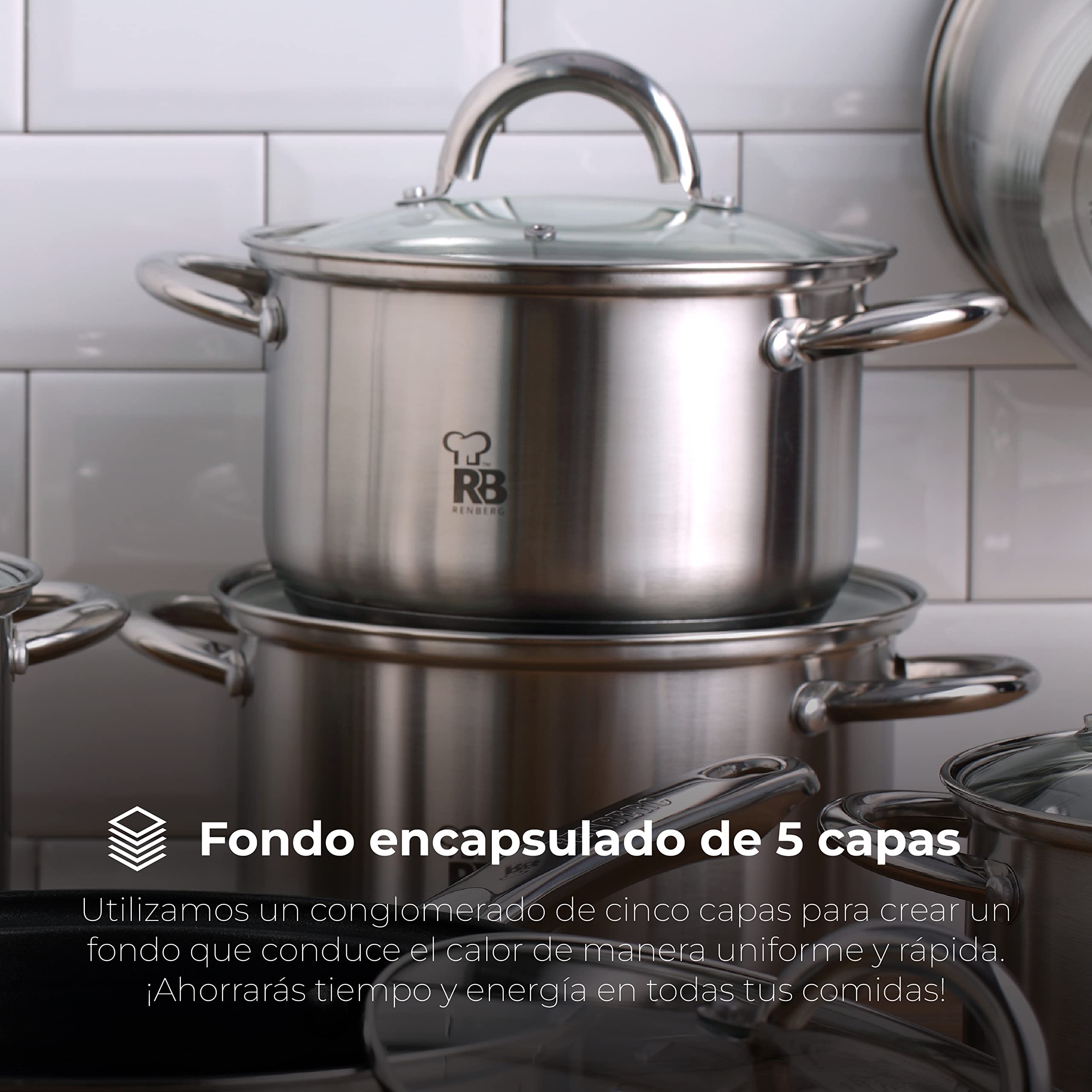 RENBERG Alexander | Cacerola de Cocina | Cacerola de 24 x 14.5 cm y 6,3 Litros con Tapa de Cristal | Acero Inoxidable | Menaje de Cocina | Fondo Encapsulado de 5 Capas | Todo Tipo de Cocinas
