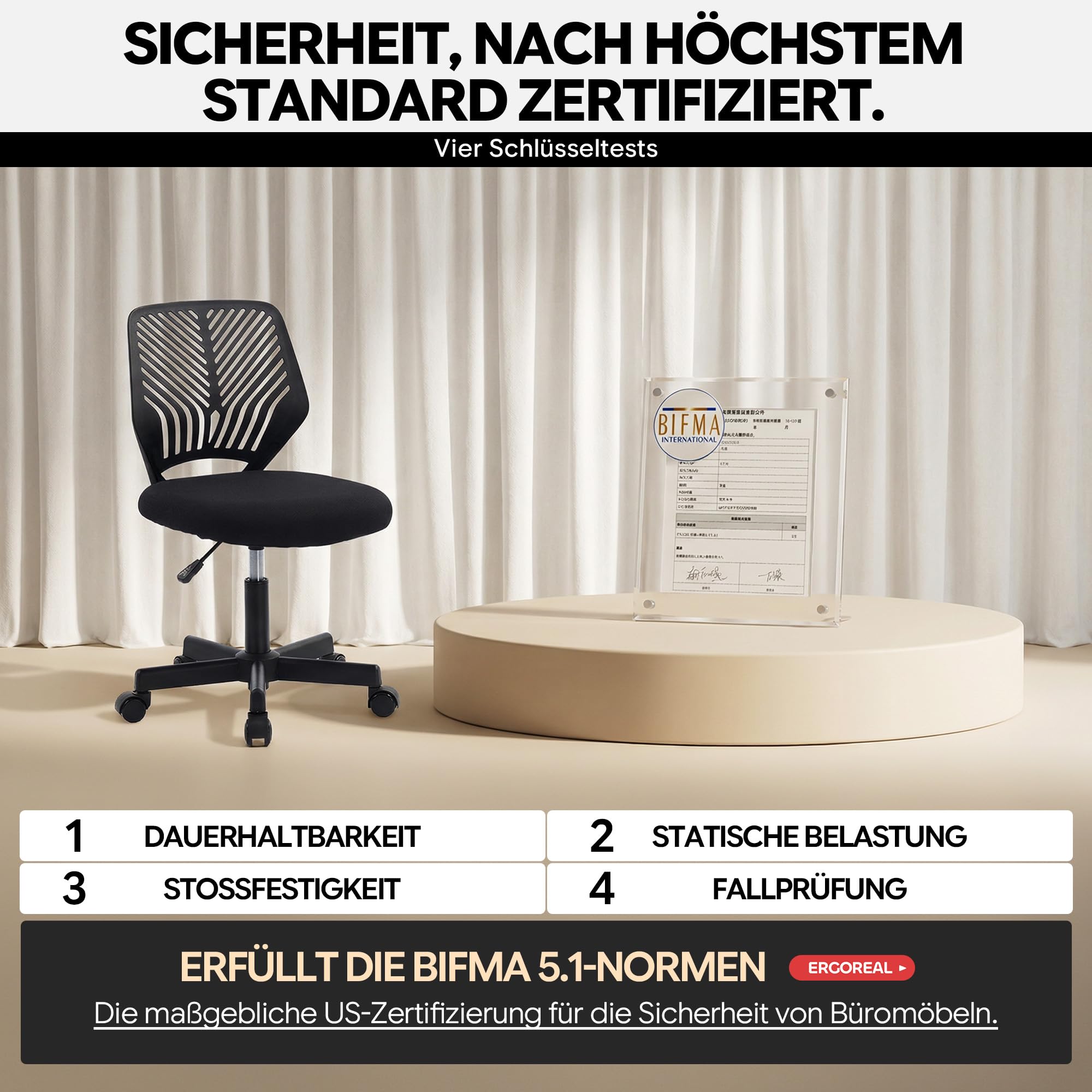 Ergonomischer Bürostuhl ohne Armlehne, Bürostuhl mit Rollen & Höhenverstellung, Bürostuhl Cozy mit Ergonomischer Rückenlehne,Homeoffice/Arbeitszimmer/Studienzimmer (Tiefe Schwarz)