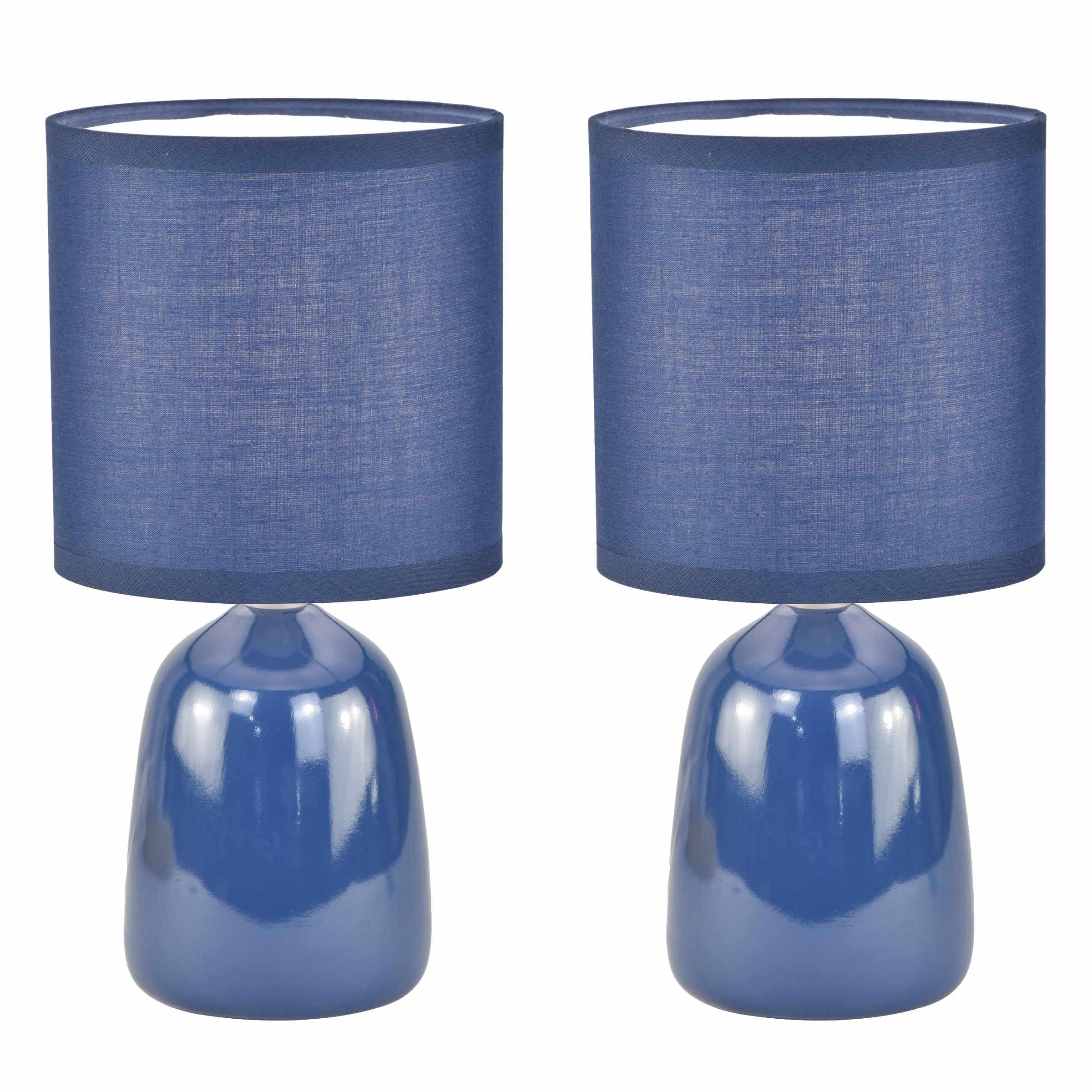 firstchoicelighting Set of 2 Navy Blue Ceramic 26cm Table Lamps or Bedside Lights with Matching Fabric Shades, LED Compatible