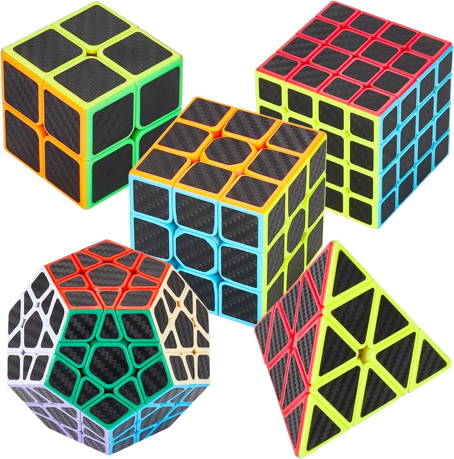 Coolzon Speed Cube Set 5 Pack Magic Puzzle Cubes Pyraminx Pyramid + Megaminx + 2x2x2 + 3x3x3 + 4x4x4 Cube Toys with Carbon Fiber Sticker for Kids Adults