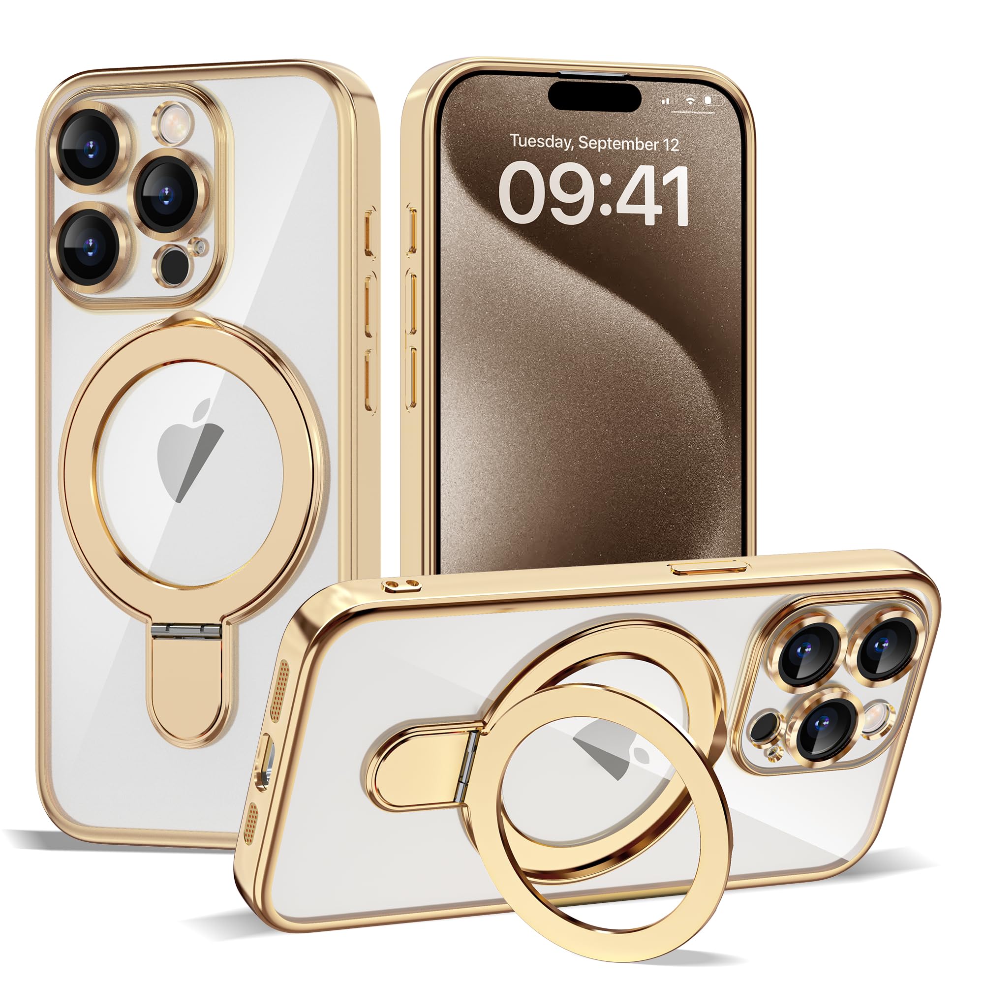 Photo 1 of ETPESOK Compatible with iPhone 15 Pro Max Case with Invisible Magnetic Ring Stand [Compatible with Mag-Safe] [Full Camera Lens Protector] Plating Clear Phone Case for iPhone 15 Pro Max 6.7", Gold