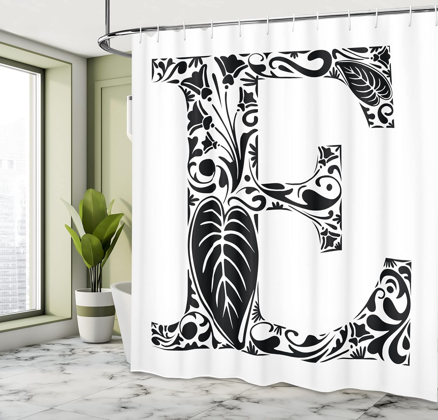 Ambesonne Letter E Shower Curtain, Floral Swirls and Curls Big Leaf Blooming Meadow Inspired Retro Style Initials, Fabric Bathroom Decor Set with Hooks, 69" W X 70" L, White Charcoal