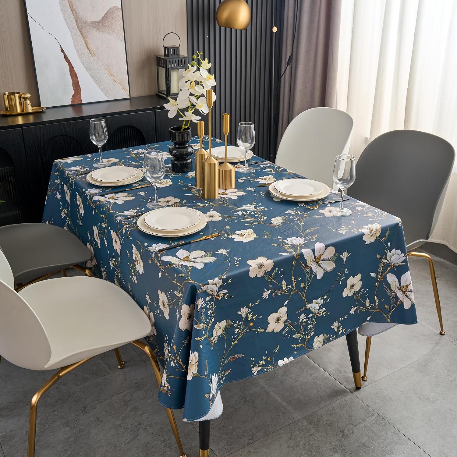 Pioggia Vinyl Tablecloth with Flannel Backing - Waterproof, Oil-Proof, Easy to Clean -Rectangle Plastic Table Cloth - Perfect for Dining Tables, Kitchen Tables, Parties