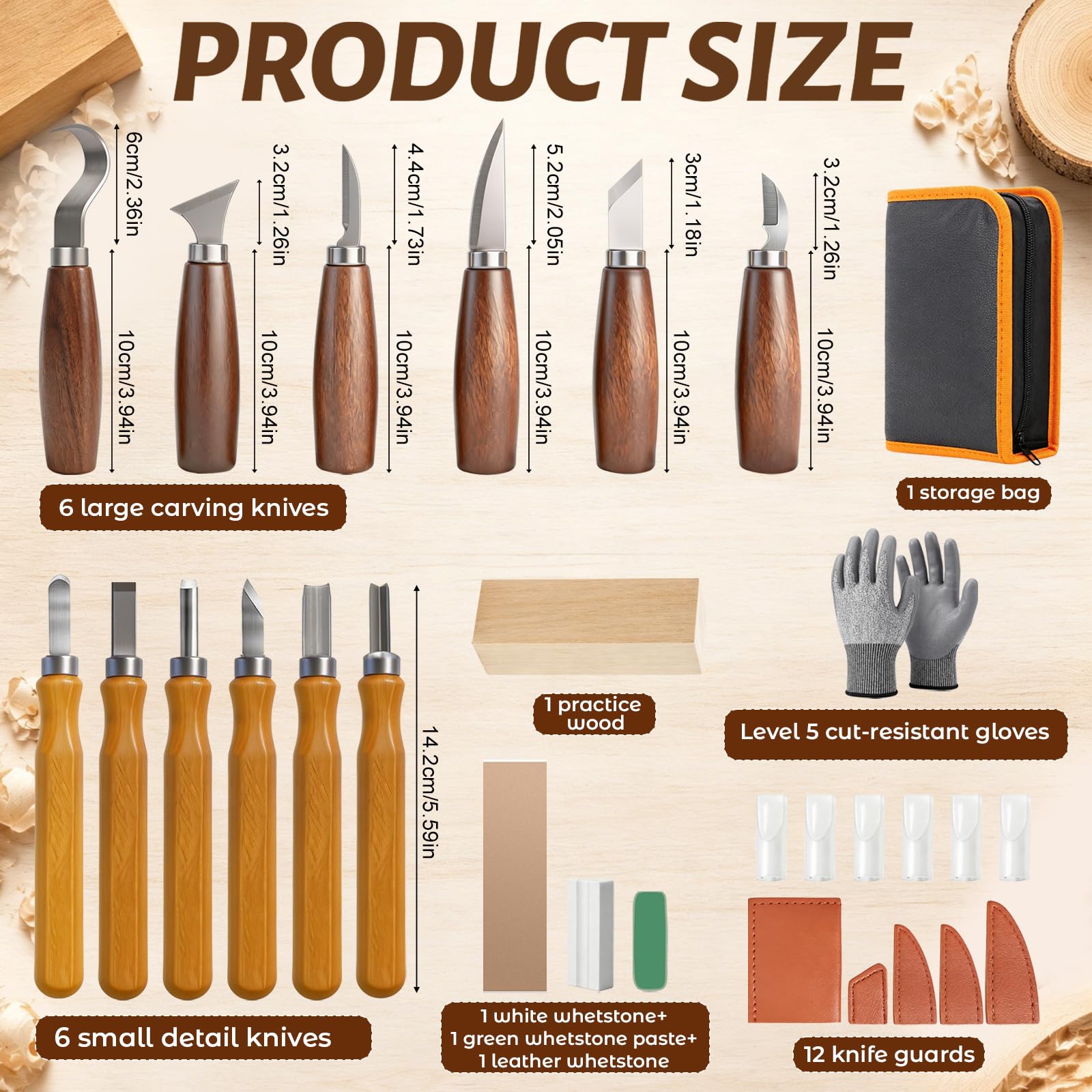 30 Stück Holz Schnitzwerkzeug Set, Feines Schnitz Set, 12 Schnitzmesser mit Schnittfeste Handschuhe, Mattiertes Papier, Schleifsteine, für Anfänger, Profis, DIY Bastelbegeisterte