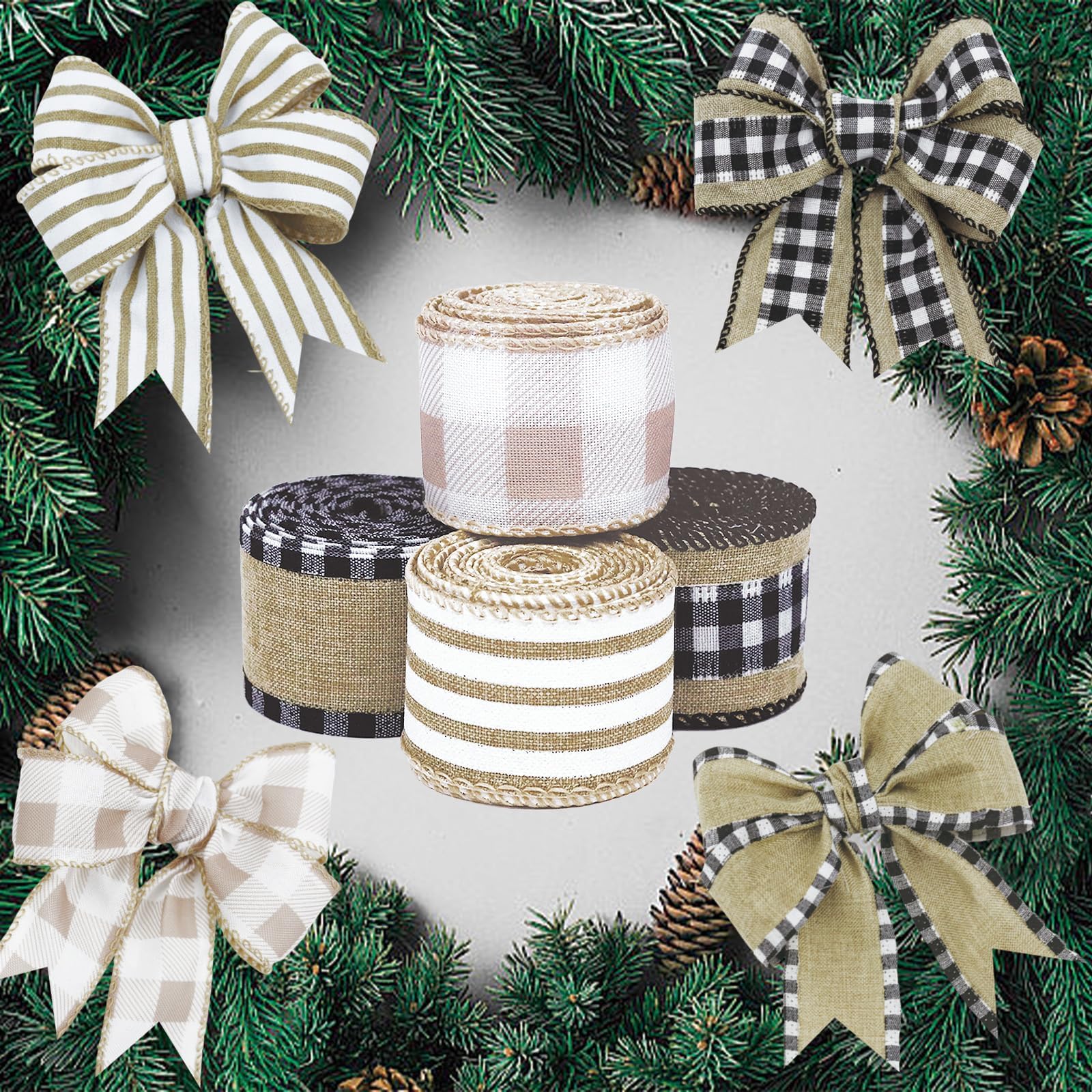 4 Rollen Winter Sackleinen kariert Band Draht Bordüre Weihnachten Urlaub DIY Geschenk Schmetterling Blumen Handwerk Dekor 3,8 cm breit 13,2 m (Natur)