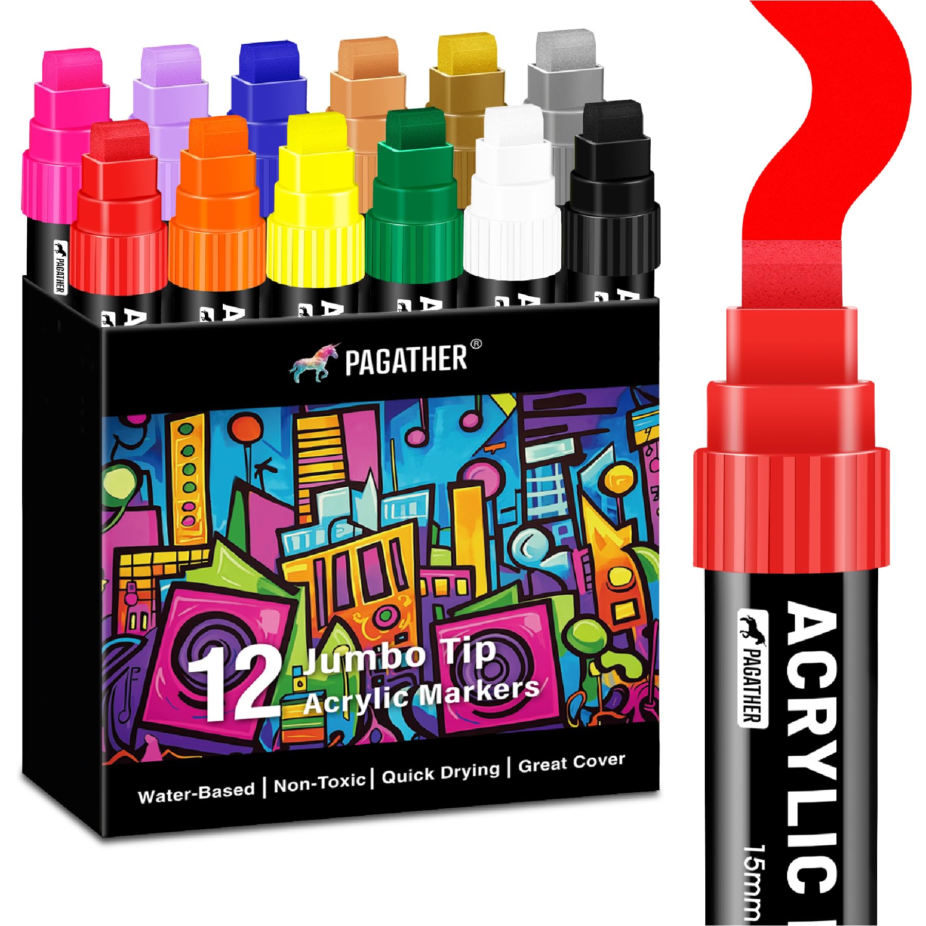 12 Colors Jumbo Acrylic Markers with 15mm Felt Tip – Large Permanent Paint Pens for Rock…