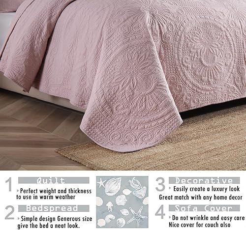 Miniatura 9 de Brandream Juego de edredón acolchado de algodón, tamaño Queen, color rosa, juego de colcha de matelasse de granja, colcha elegante de 3 piezas