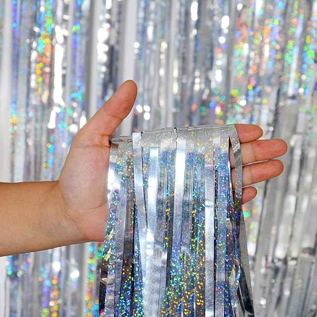NAVK Silver Tinsel Foil Fringe Curtain, Party Decoration Backdrop Sparkle Metallic Streamers for Birthday Christmas Wedding Party-1x2.5m