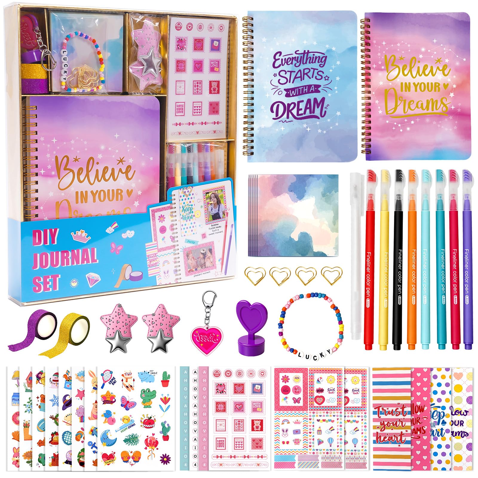GUYUCOM Scrapbook Kit for Girls, Gift for Girls Age 8-12, DIY Journal Set with 2 Notebooks, Stickers, Pens & Accessories, Cute Diary & All-in-One Creative Stationery Set