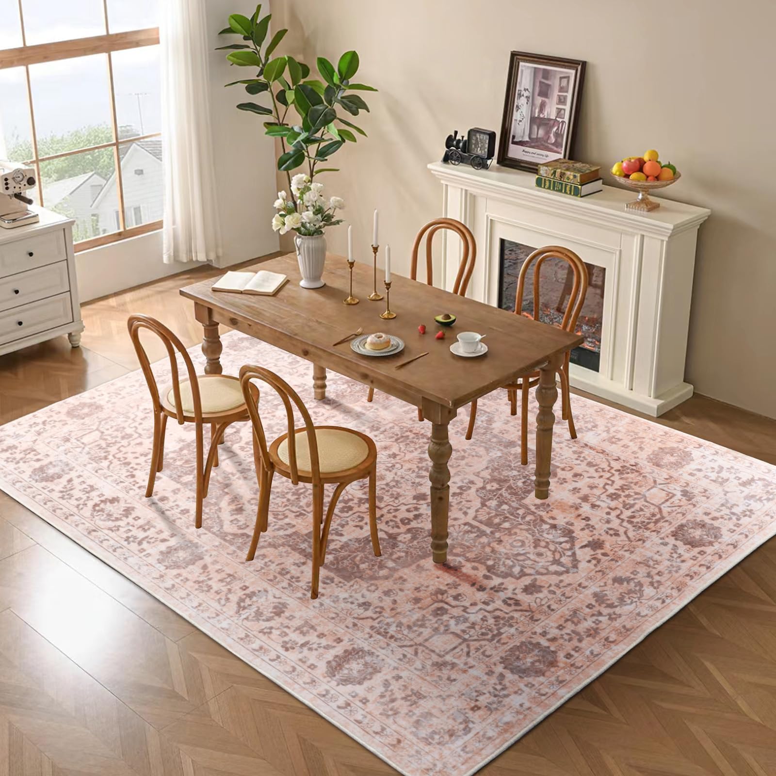 Vintage Teppich Wohnzimmer 160x230cm, Waschbarer Teppich Schlafzimmer, Boho Kurzflor Esszimmer Teppiche, Weich rutschfest Teppiche für Küche Kinderzimmer, Rosa Orange