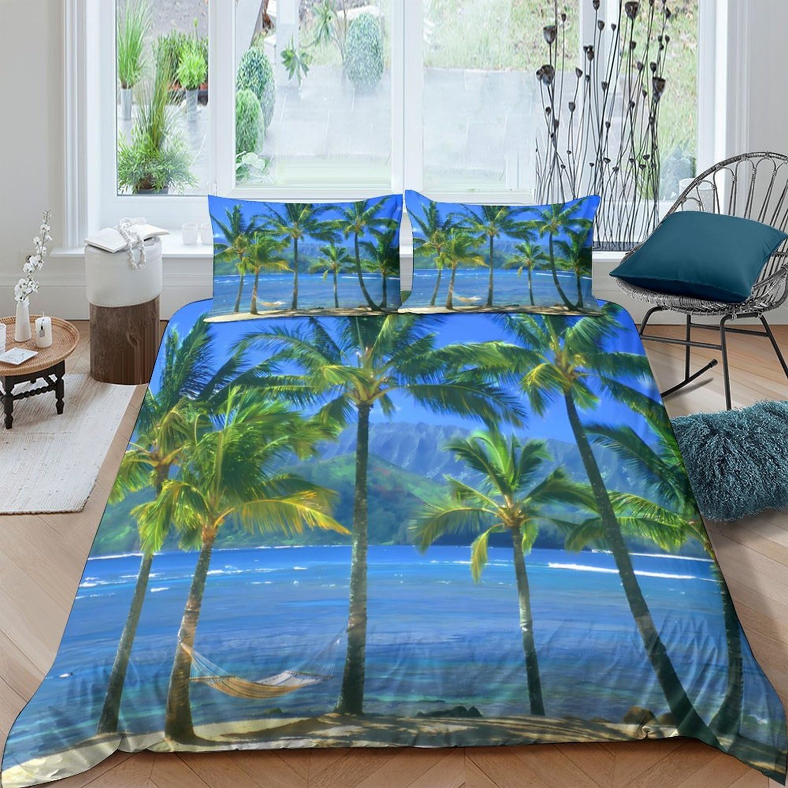 Ctjqhvkz Style-1 3D Printed Palm Beach Fitted Sheet Microfiber Soft Ocean View Mattress Cover For Bedroom Guest Room Decor Single（135X200cm）