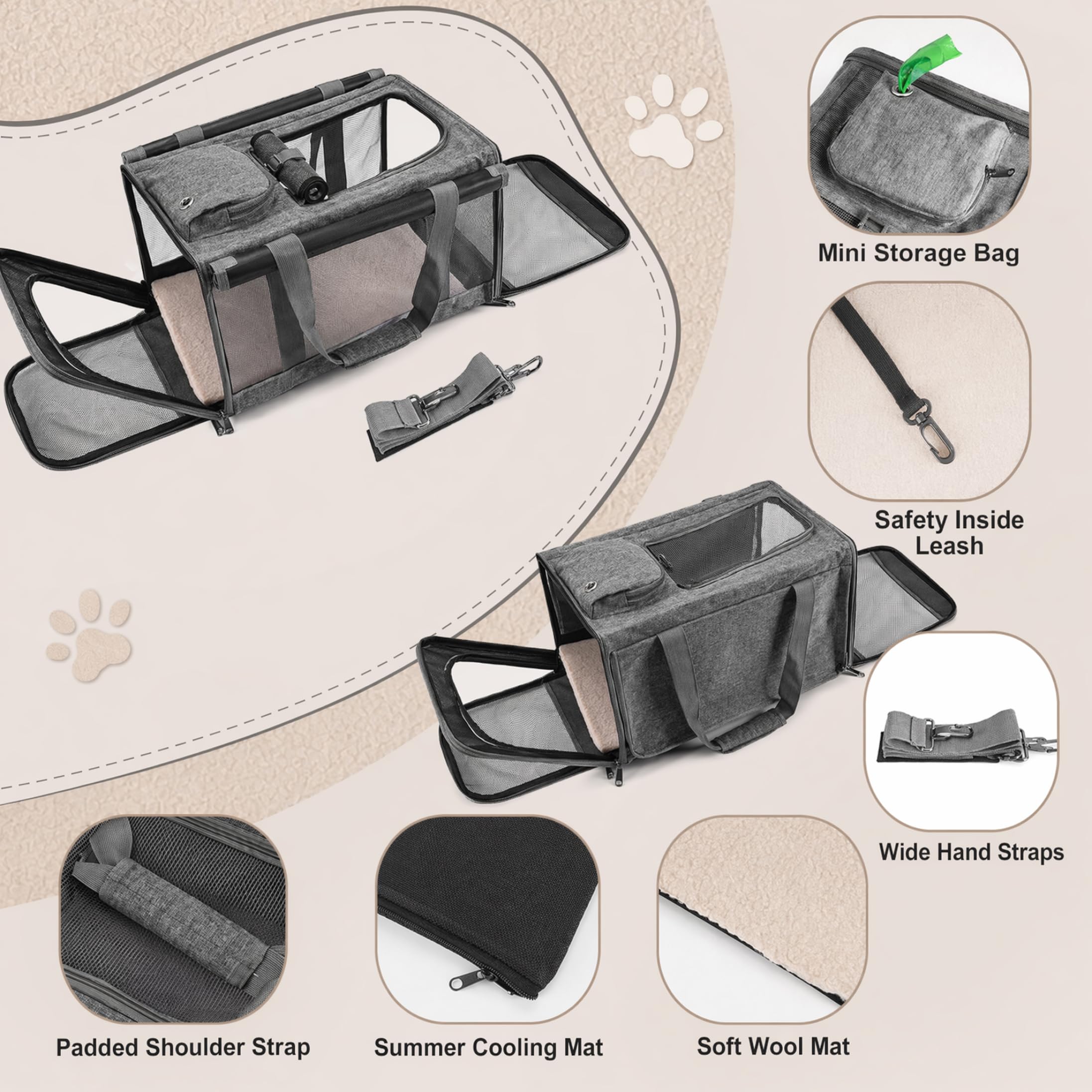 Borse per trasportini per gatti Borsa per animali domestici Borsa per cani da trasporto per cuccioli (20 libbre) Grigio