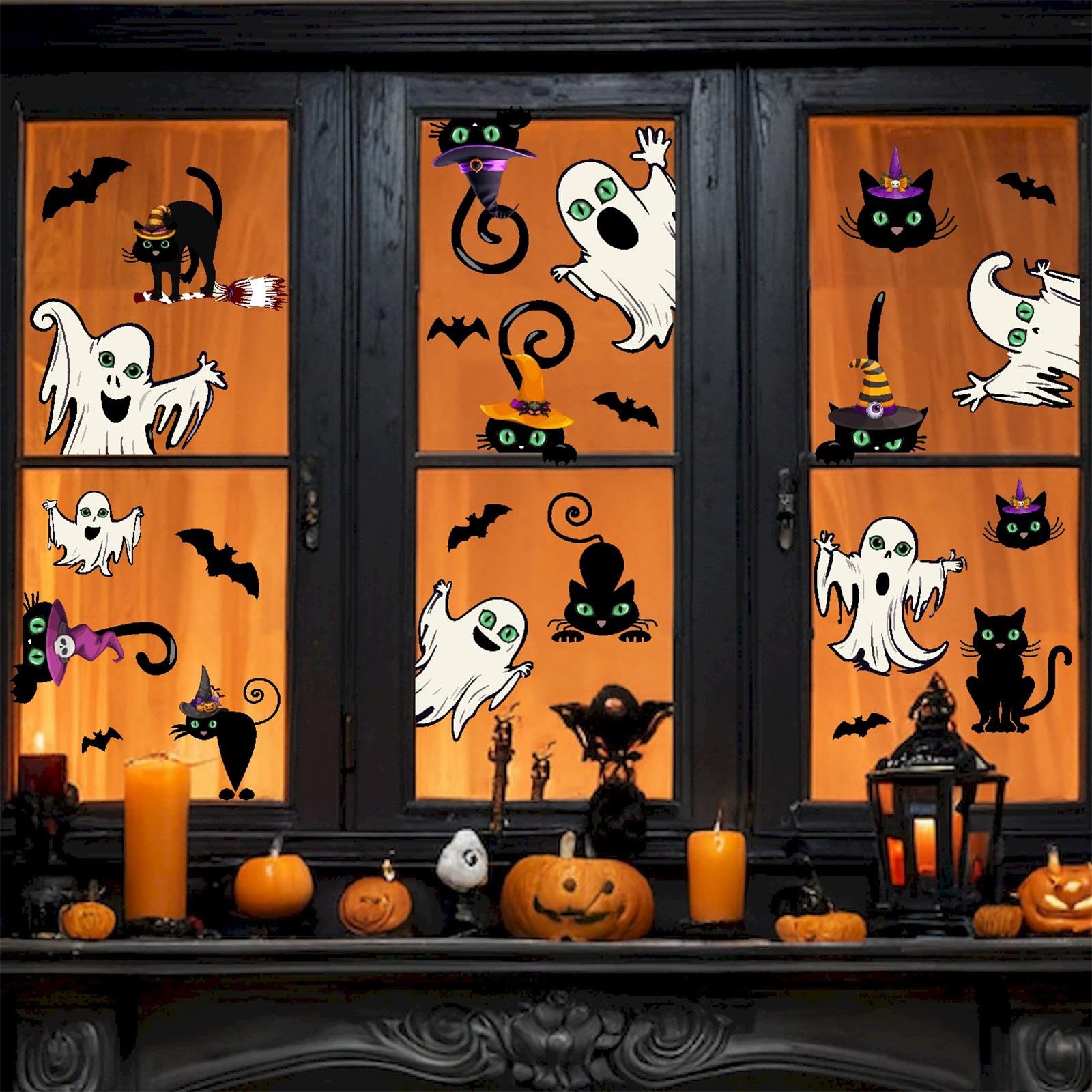 MOSITU Halloween Wall Stickers - Black Cat and Scary Ghost Decals, Witch Hat and Cats Window Stickers for Bedroom Living Room