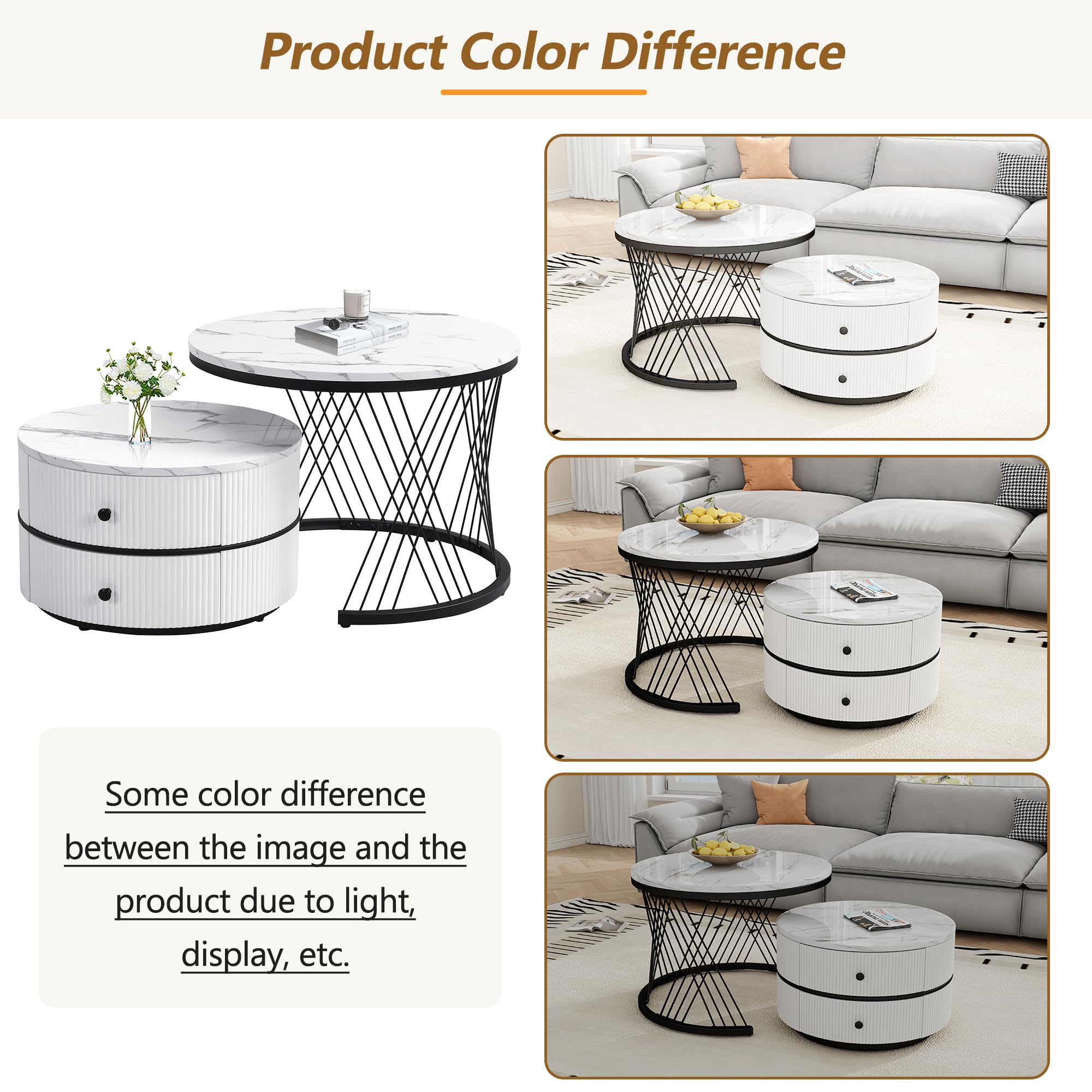 Couchtisch 2er Set, Couchtisch Rund mit Stauraum, Wohnzimmertisch, Schwarzrahmen 60x60x46cm und 50x50x31cm