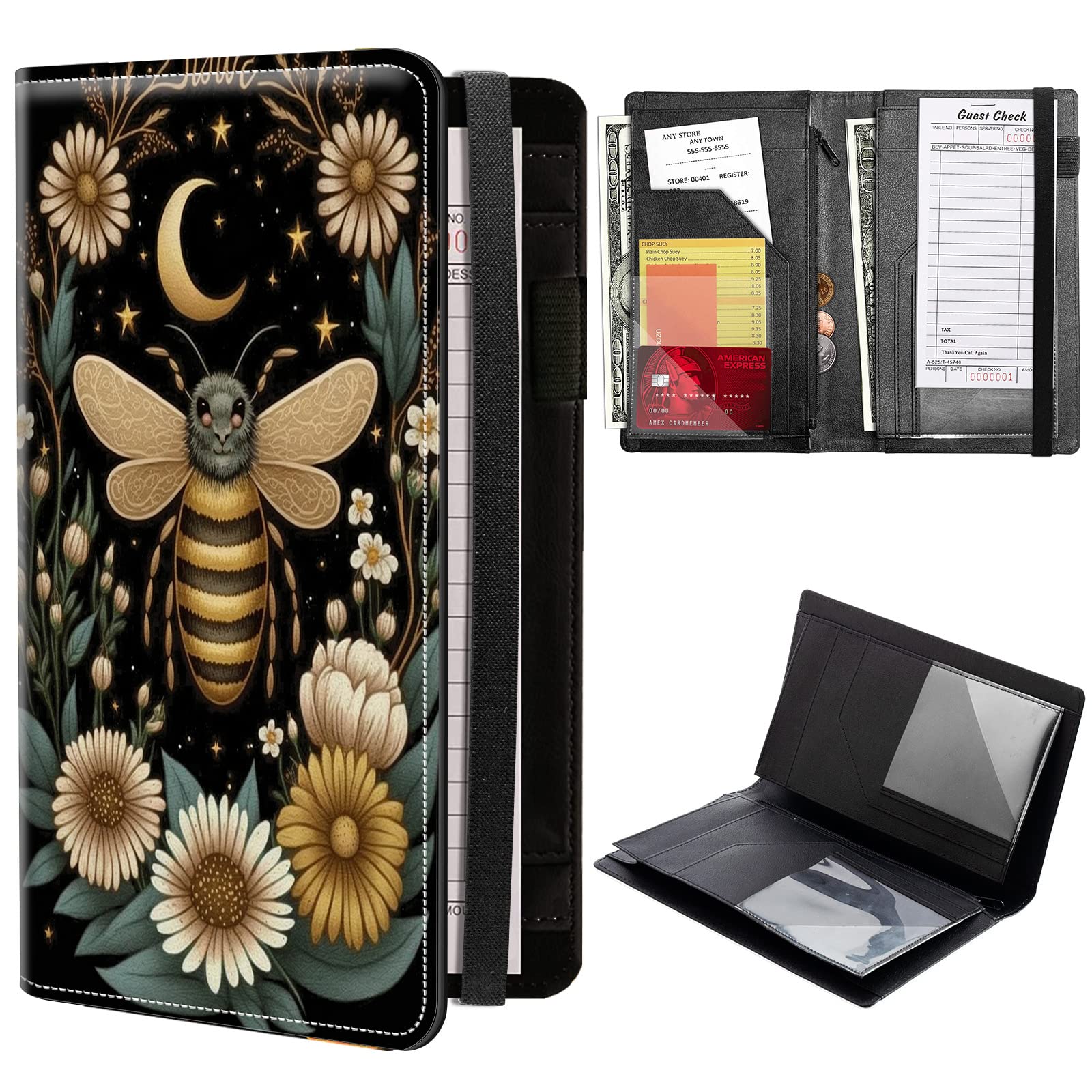 Bee Flower Server Books for Waitress, PU Leather Waitress Book Server Wallet with Elastic Bandage Closure, Organizer with Zipper Pocket 11 Money Pocket Fit Server Apron