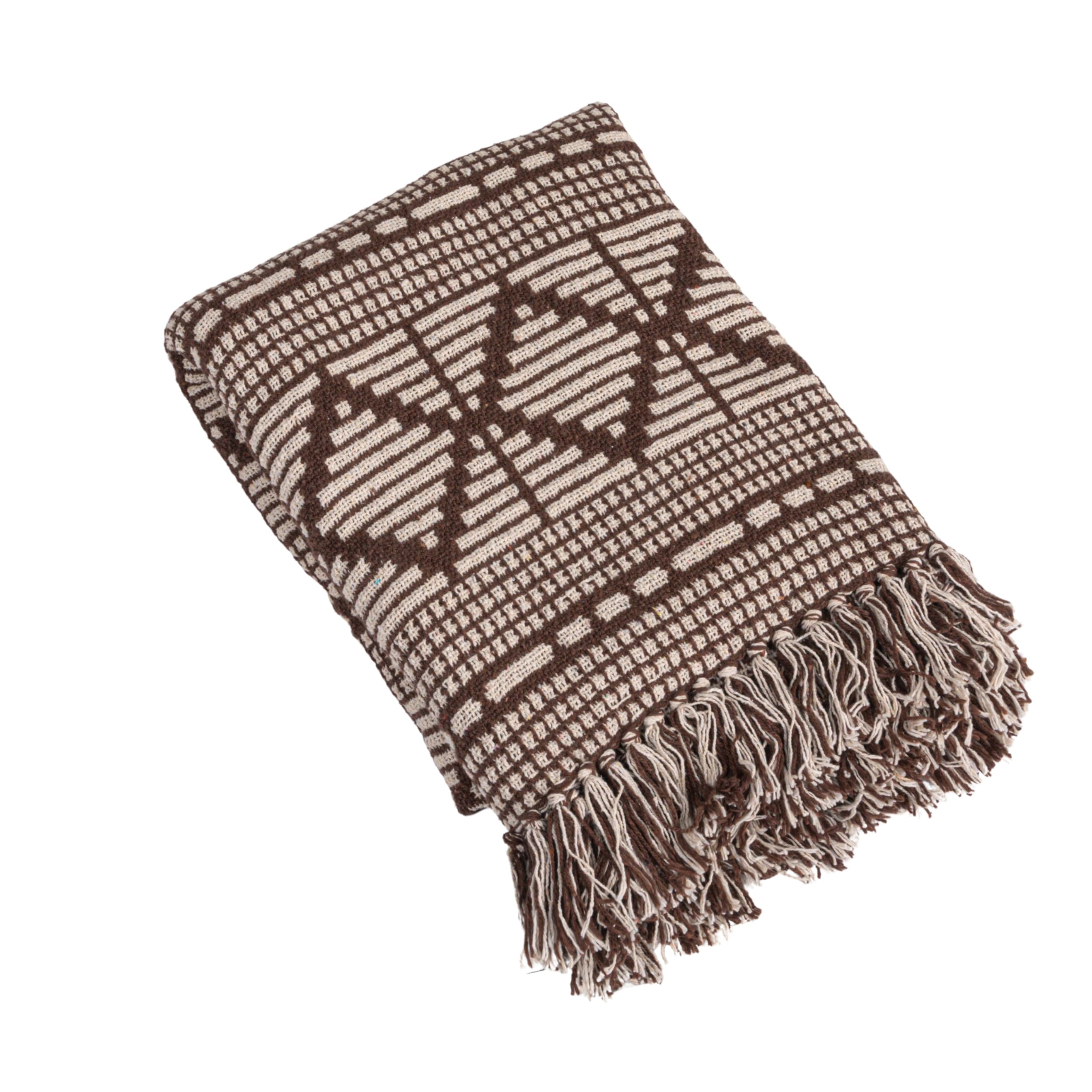 Bloomingville Soft Recycled Cotton Blend Throw with Diamond Pattern, Brown and Beige, Polyester