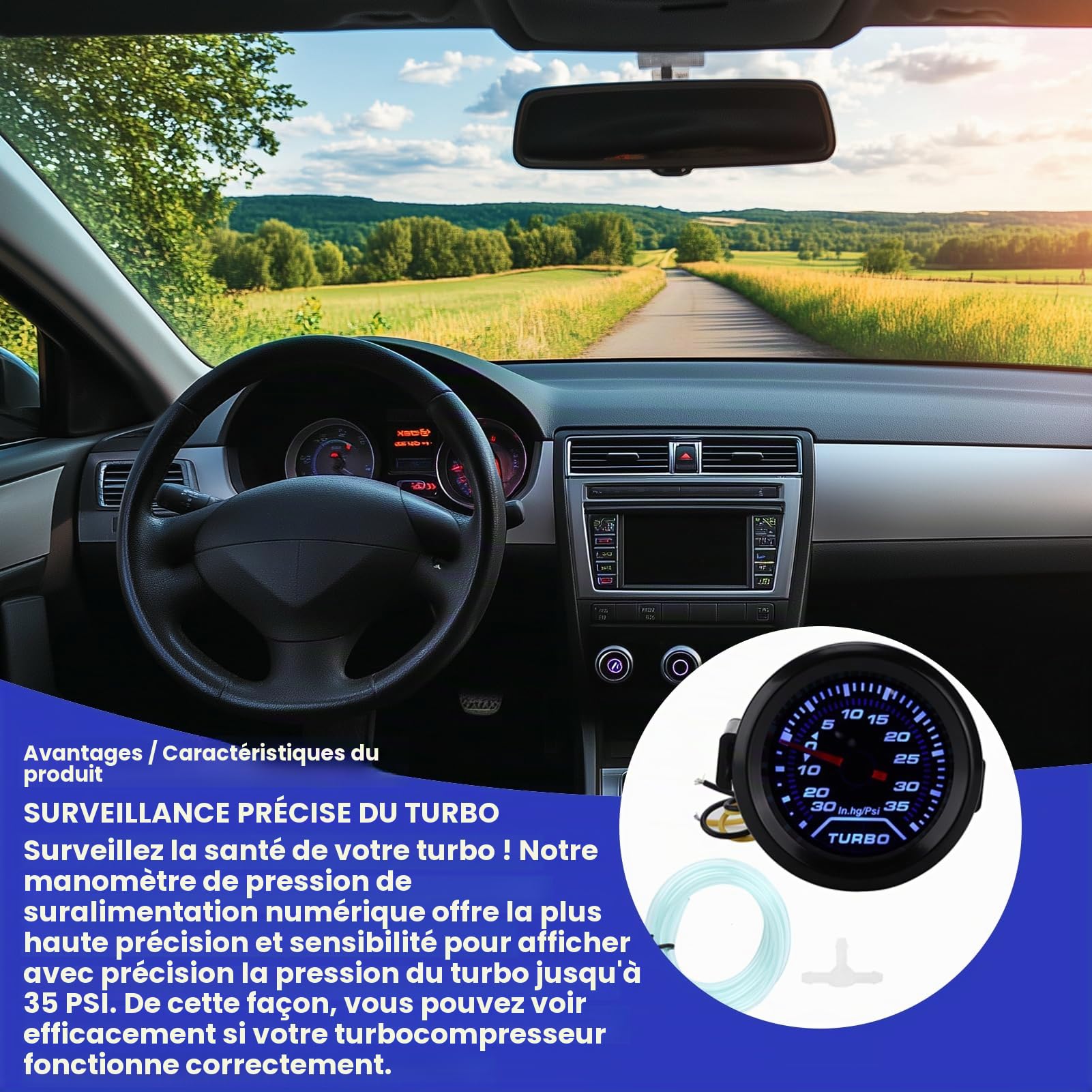 Jauge de Suralimentation Numérique, Jauge de Pression Turbo Boost 12V 52mm/2in 35PSI Affichage Numérique Bleu Rouge LED Modification Universel