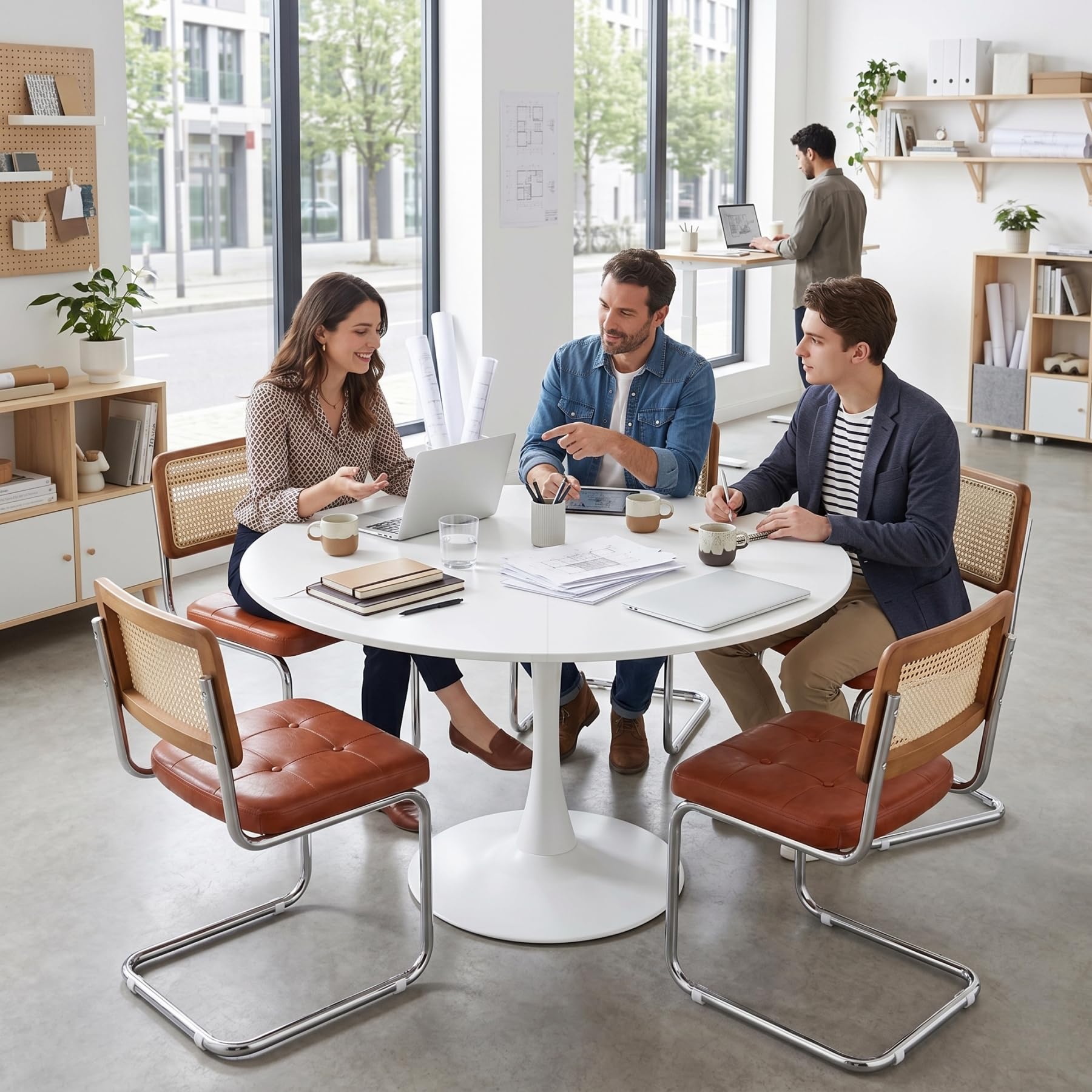 Table à Manger Ronde Blanche 110 cm, Table de Cuisine Ronde pour 4 à 6 Personnes, Style Scandinave, Pied Central Métal Stable, pour Cuisine, Salle à Manger, Salon, Bureau, Blanc
