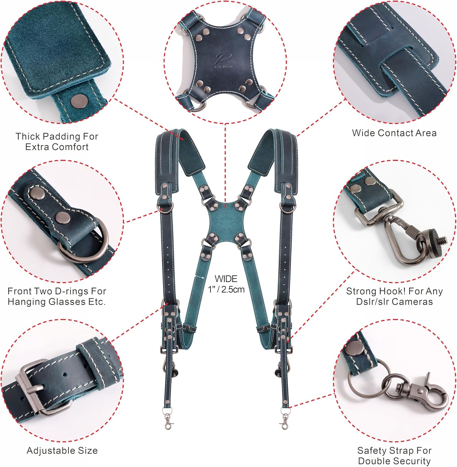 Padwa Lifestyle Green Dual Camera Harness Strap for Two Cameras - Dual Shoulder Full Grain Leather Harness,Multi Double Camera Gear with Thick Padded,Double Camera Harness for Photographers - Image 5