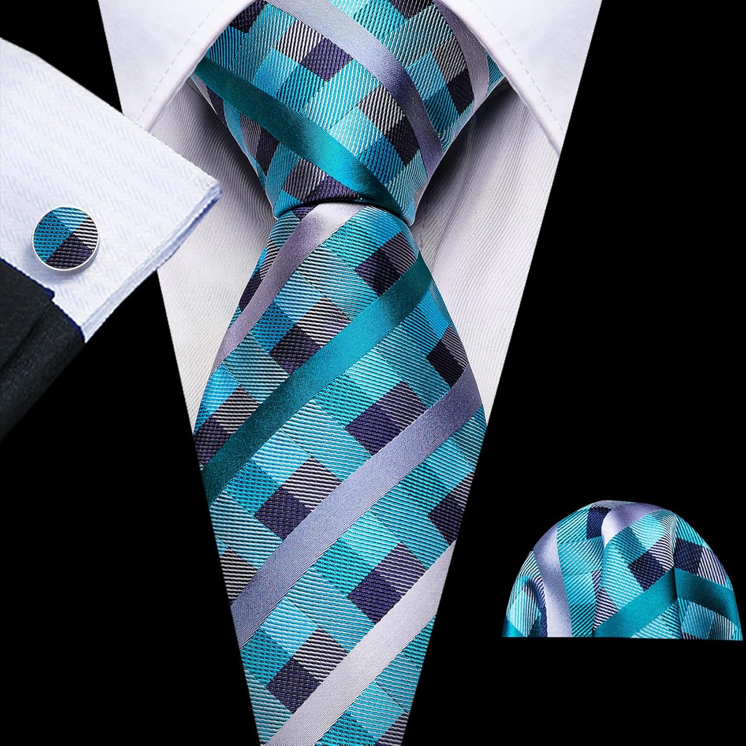 Barry.Wang Plaid Ties Check Mens Necktie Set with Handkerchief Cufflinks Classic Stripe - Image 4