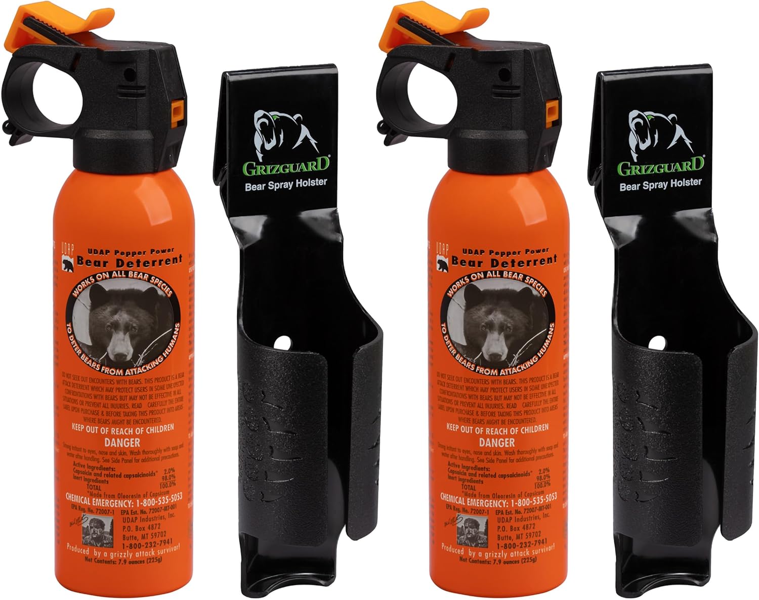Spray Self Defense Deterrent with Griz Guard Holster for Camping, Hiking, Fishing, Powerful Blast Pattern, 30 ft Fog Barrier, Safety Orange, SOG2, 7.9 oz, 2 Pack Spray Self Defense Deterrent with Griz Guard Holster for Camping, Hiking, Fishing, Powerful Blast Pattern, 30 ft Fog Barrier, Safety Orange, SOG2, 7.9 oz, 2 Pack