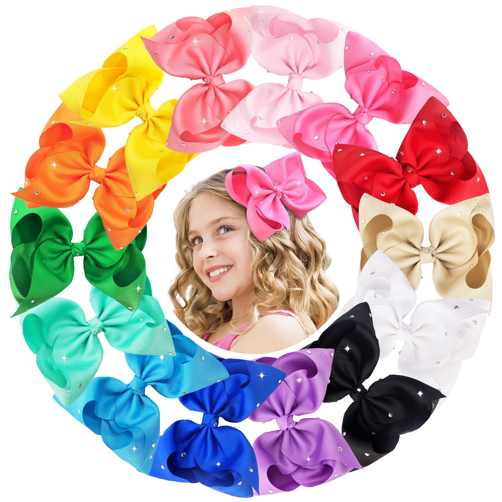 14pcs 8 inch Giant Glitter Sparkly Rhinestones Baby Girls Larger Big Grosgrain Ribbon Hair Bows Alligator Hair Clips for Gilrs Toddlers,Kids,Teens