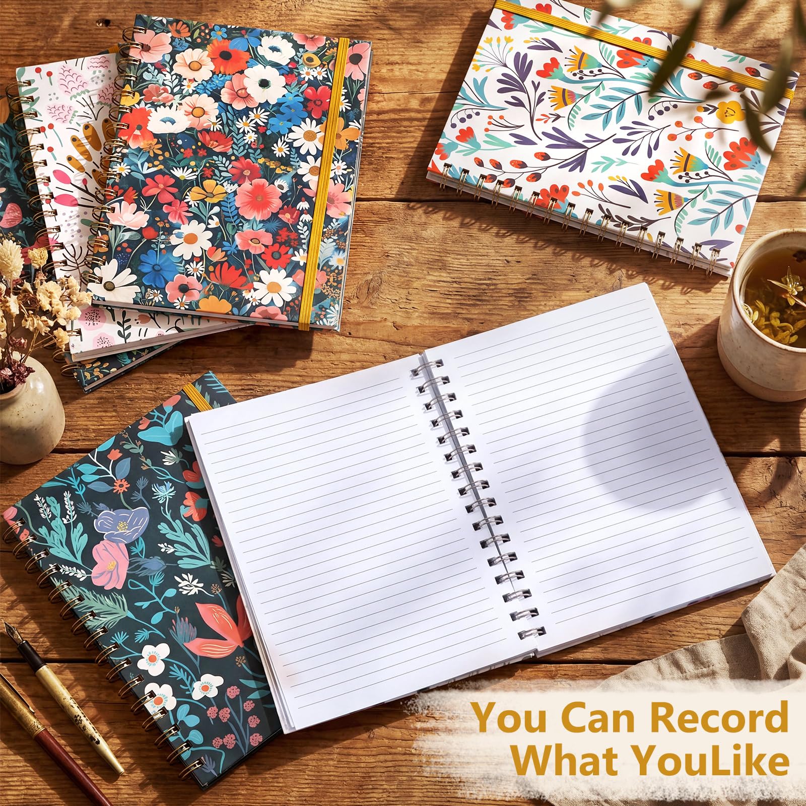 Resurhang Paquete de 6 cuadernos en espiral A5 con forro de tapa dura para mujer con 2 bolsillos, diario floral vintage con espiral, cuadernos rayados universitarios, 160 páginas y 80 hojas para el