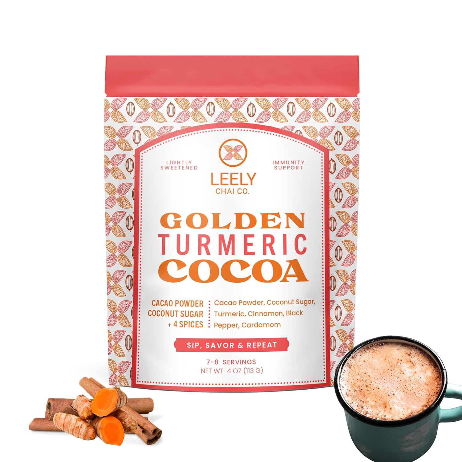 Leely Chai Co. Immunity Boosting Turmeric Hot Chocolate Mix, Dairy Free and Vegan, Warming Spices And Sweetened With Coconut Sugar, 1 LB - 30 Cups