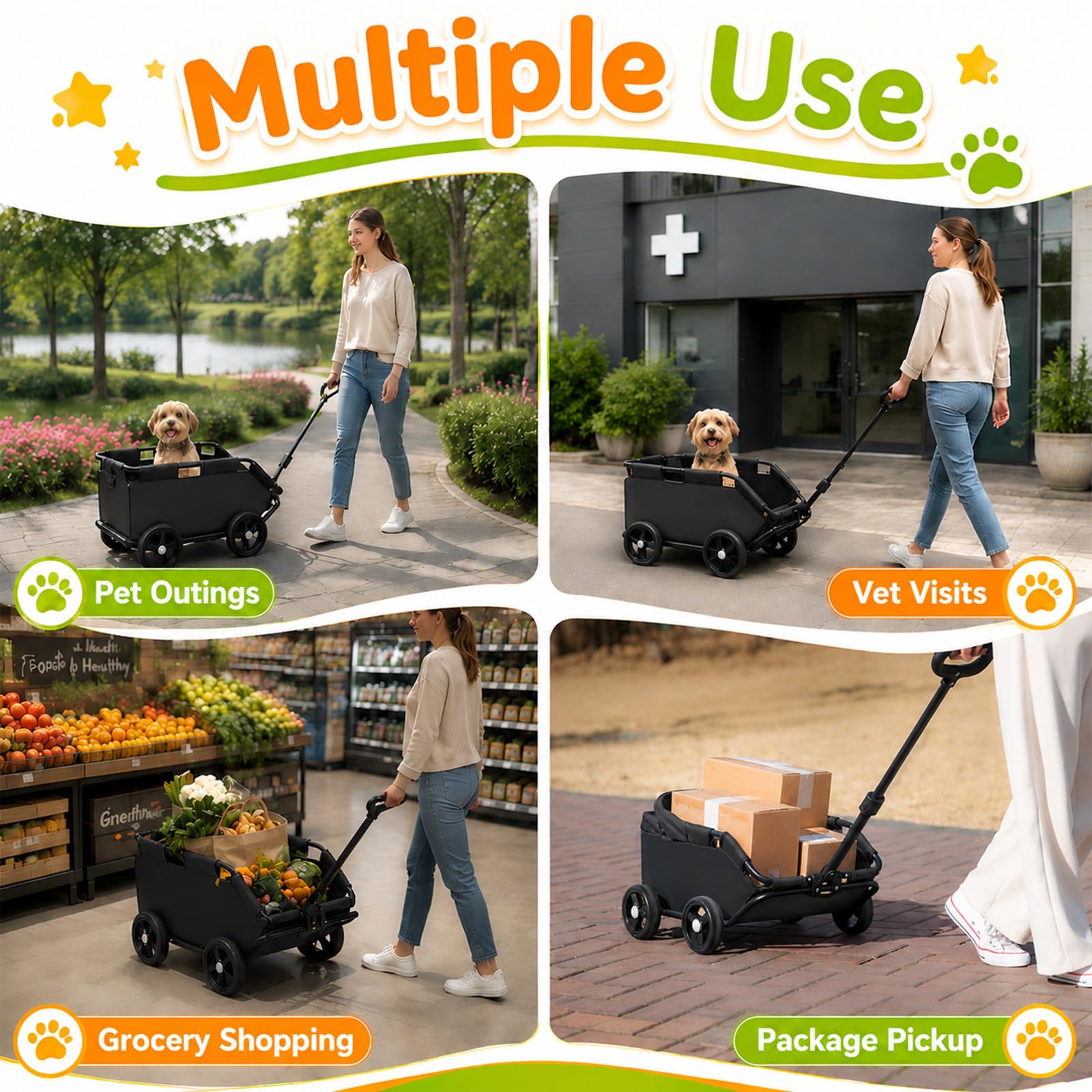 Mini Hundewagen, Hundebuggy für Kleine Hunde bis 7 kg, Faltbare Multifunktionaler Haustierwagen mit 360° Drehbarer Teleskopgriff, Sonnendach, Kinderwagen für Kleine Haustiere