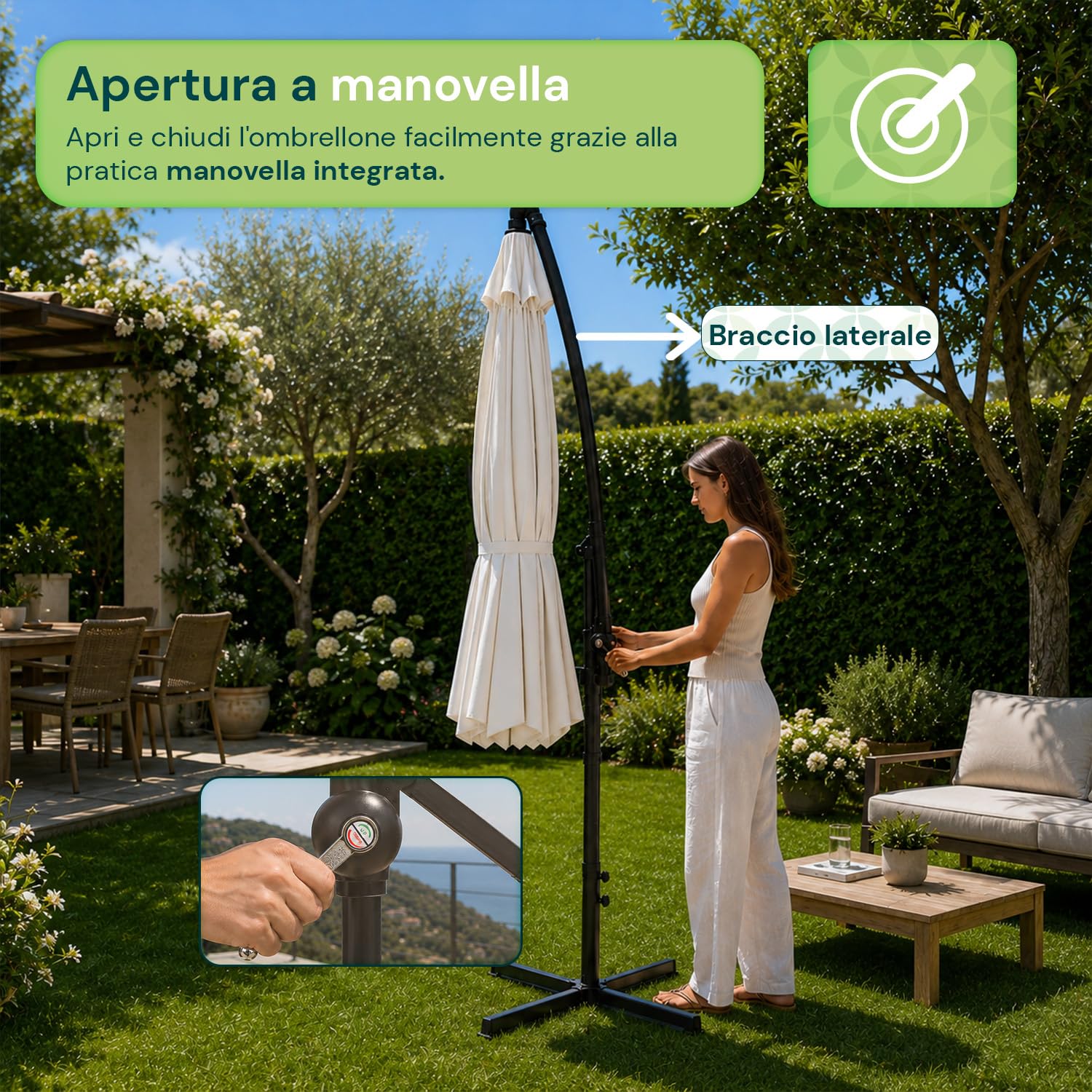 Avilia - Ombrellone da Giardino 300 cm Altezza 2,5 m con Braccio Decentrato, Tessuto Impermeabile e Anti Raggi UV, Apertura a Manovella, Design Moderno per Arredo Giardino per Esterno