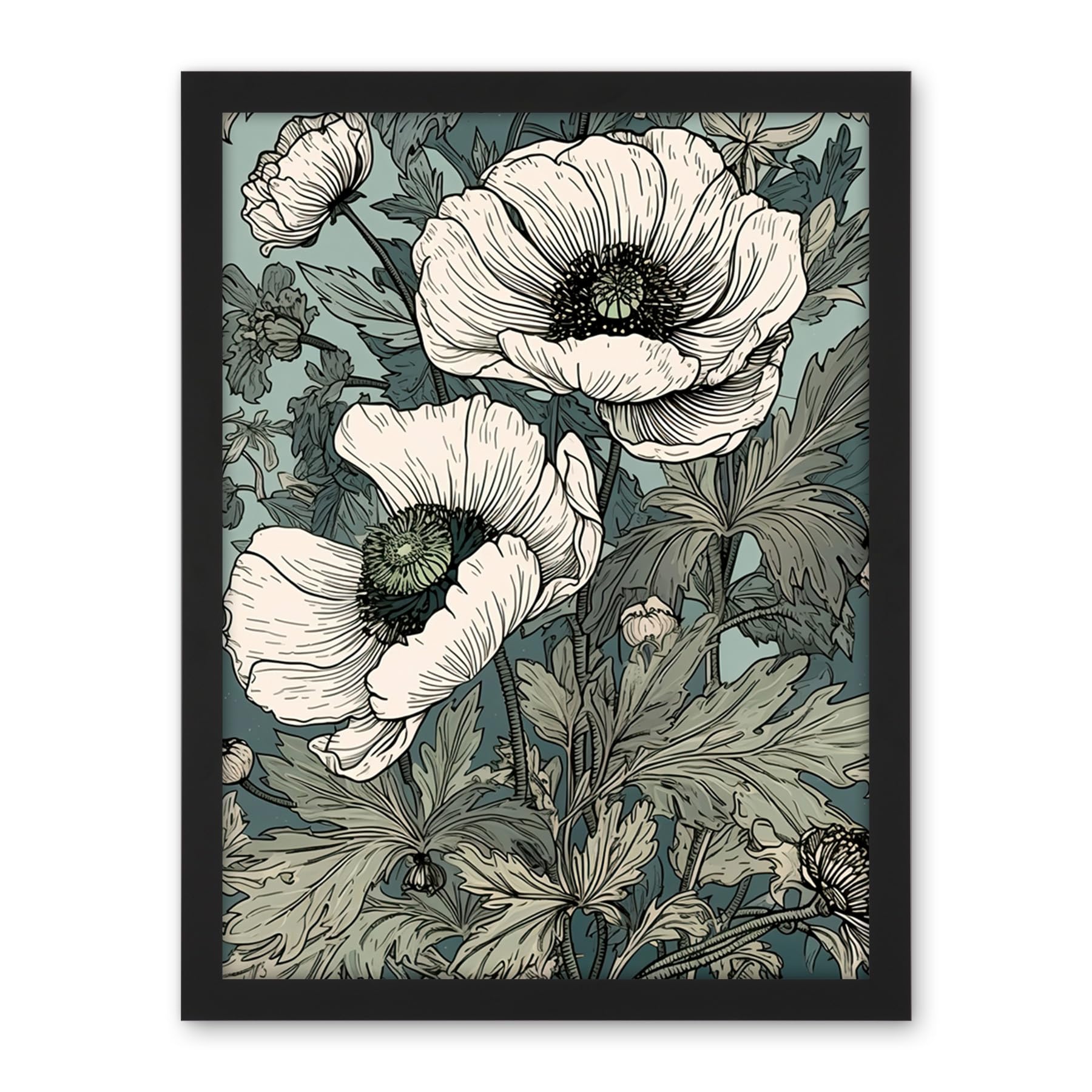 Artery8 Pastel Colour White Anemone Flower Bloom Field Artwork Framed Wall Art Print 18X24 Inch