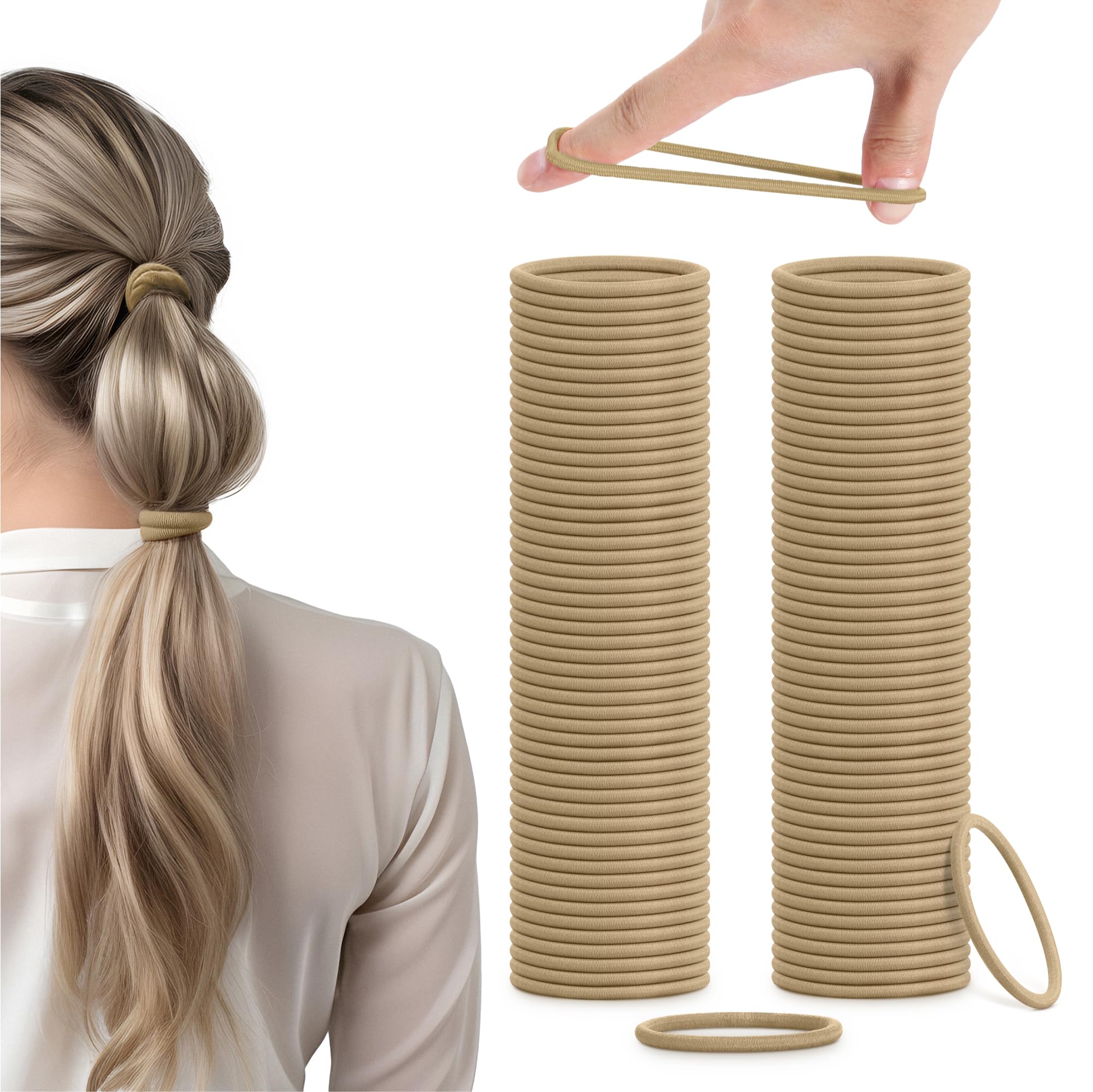 H&SHair Bands for Women - 100pcs x 4mm - Non-Metal Bobbles for Thick and All Hair Types - Elastic & Seamless Ponytail Holders - No Damage Ties also for Men - Beige