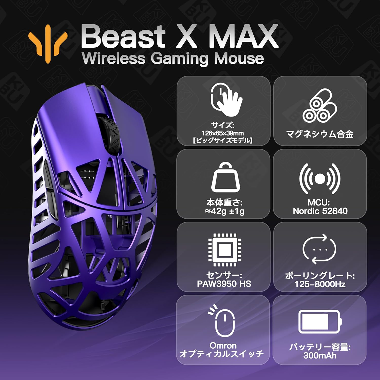 WLMOUSE Beast X Max with key features highlighted: size, weight, magnesium alloy, MCU, sensor, polling rate, Omron optical switch, battery capacity.