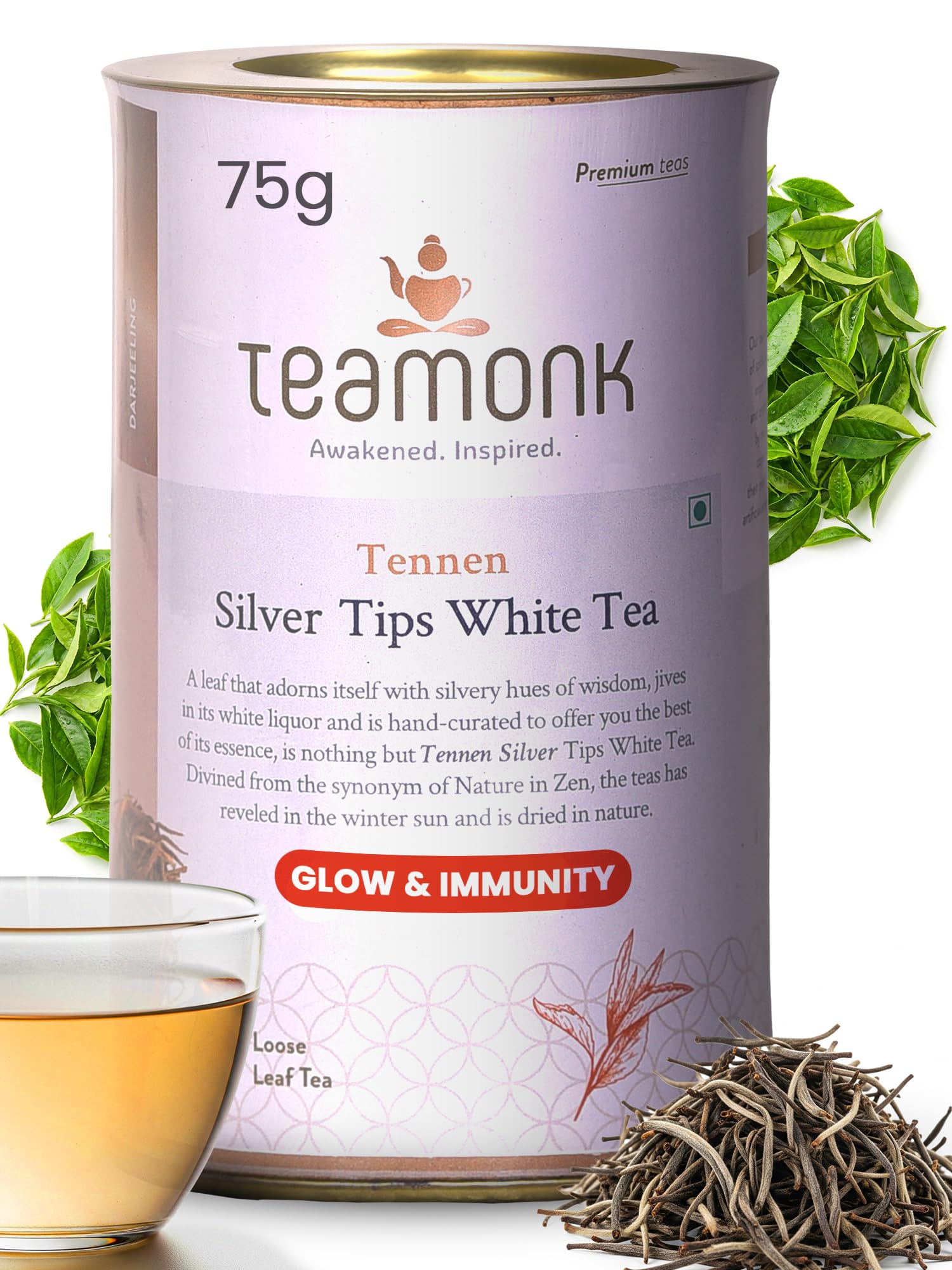 Tennen Silver Needle Organic White Herbal Tea (75g, 37 Cups) | Antioxidant-Rich Loose Leaf Tea Leaves For Skin Health | Handpicked, Low Caffeine, With No Artificial Additives White Tea Leaves