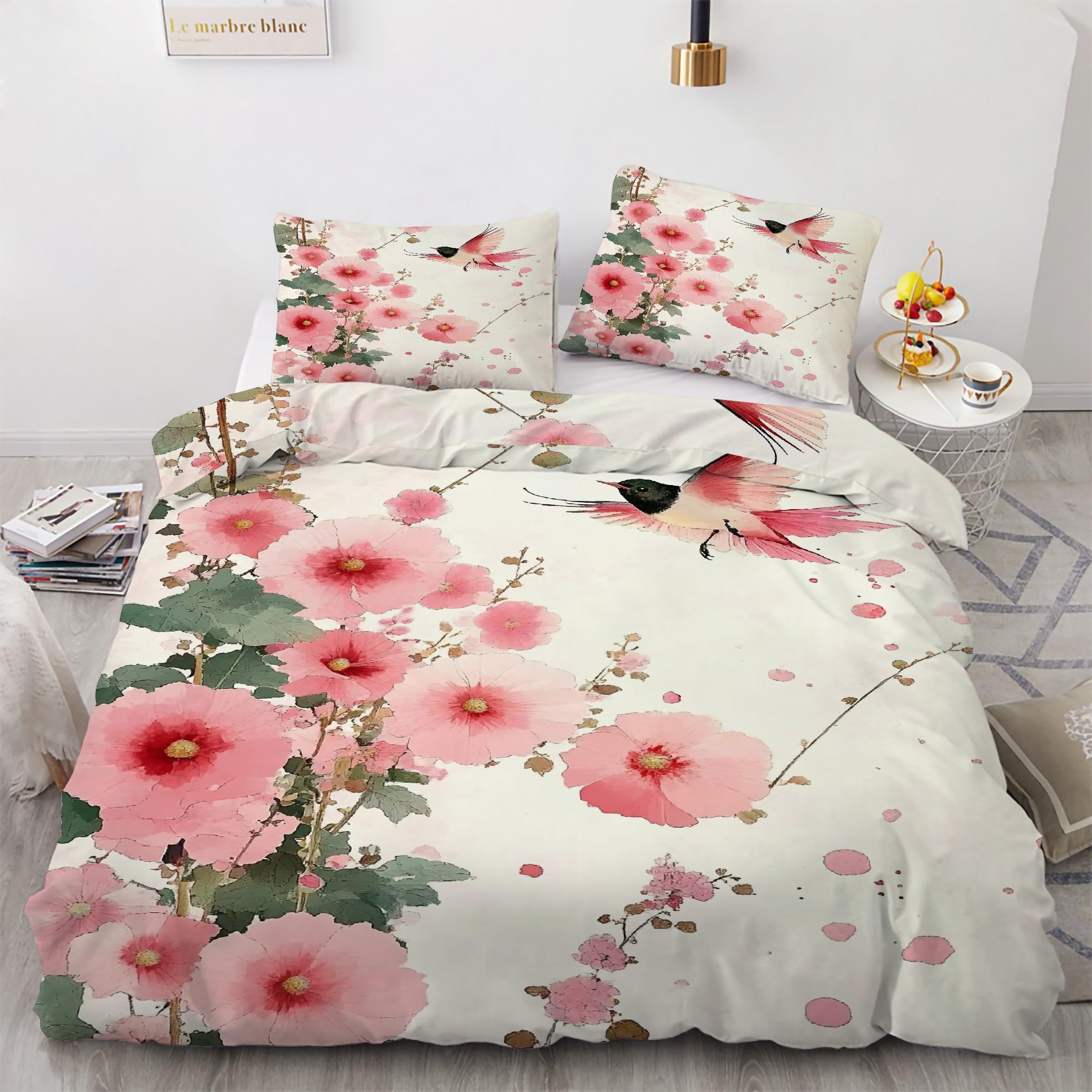 Housse couette en microfibre douce motif colibri et fleurs de literie fine