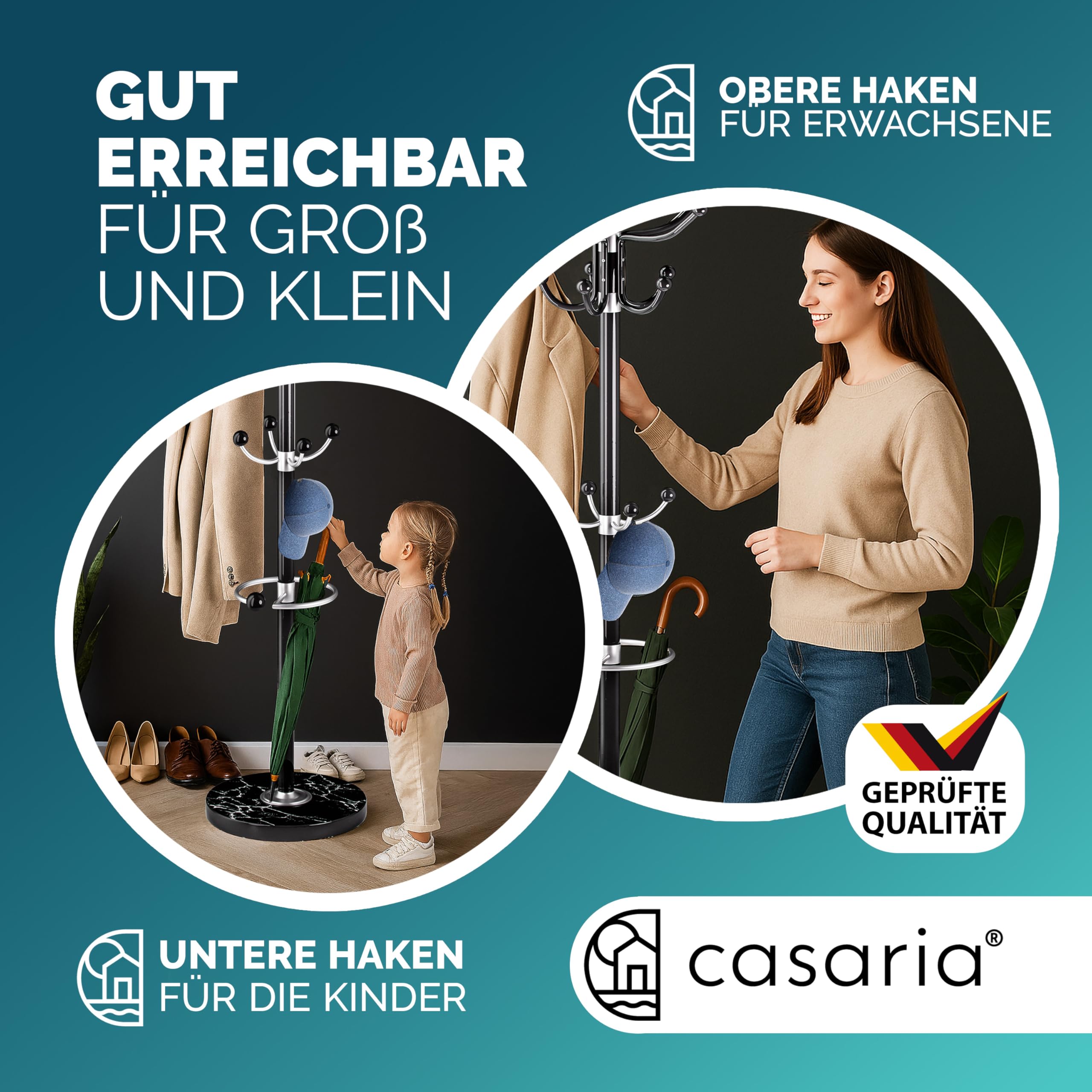 Casaria® Kleiderständer Marmorsockel Metall 14 Haken 360° Drehbar Stabil 37x37x175 cm Flur Büro Garderobenständer Kleiderstange Jackenständer Schwarz