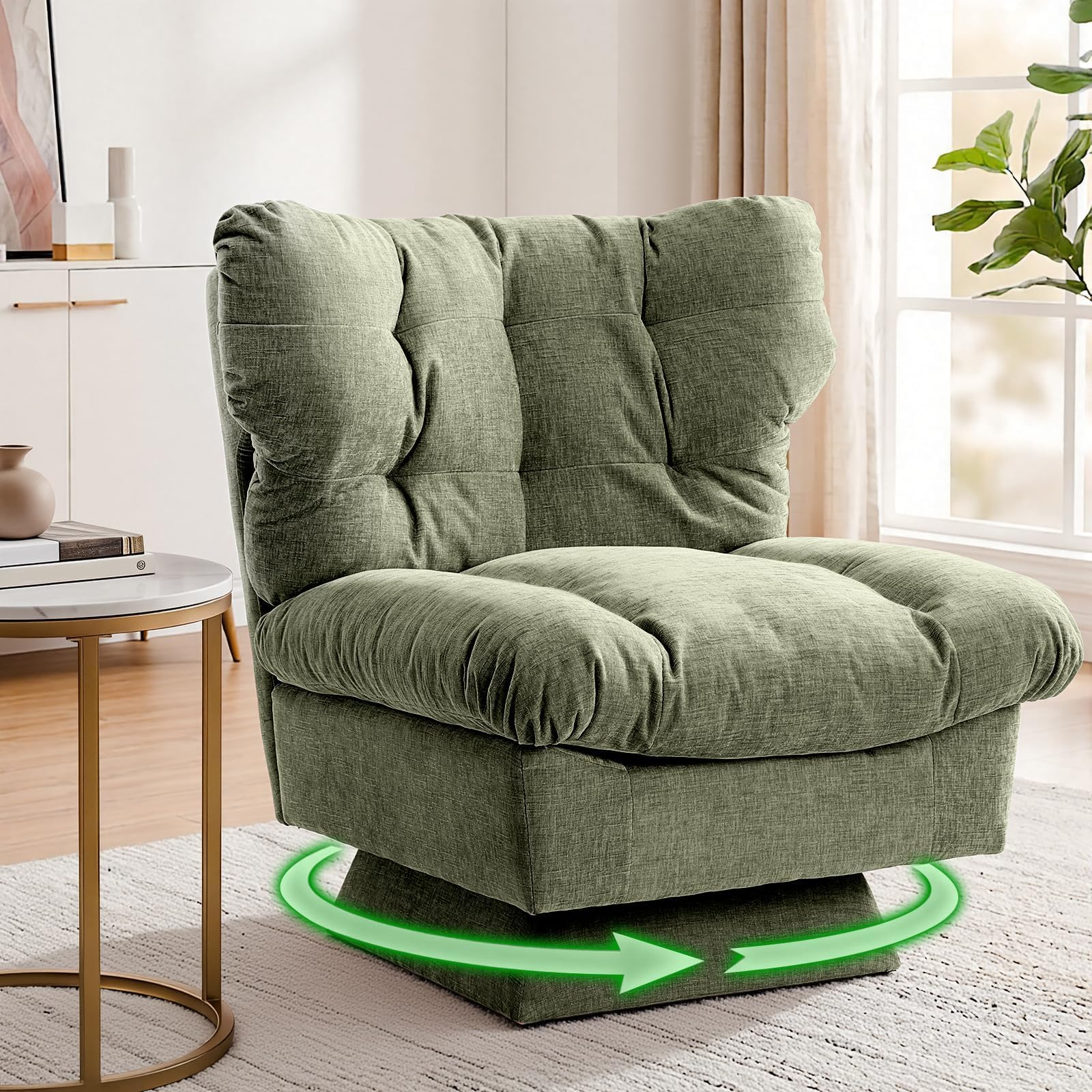 CuteHairy Oversized Swivel Accent Chair – Modern Chenille Cuddle Armchair with Plush Cushion & 360° Rotating Base, 136kg Capacity, Ideal for Living Room, Bedroom, Reading Corner & Vanity – Green
