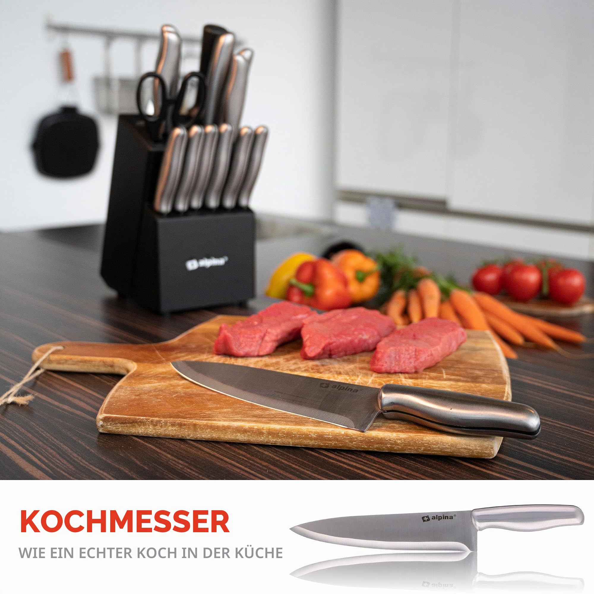 alpina Messerblock 15-Teilig - Messerset mit Block - Küchenmesser Set - 12 Verschiedener Messer - Inkl. Schärfer und Schere mit Antihaftbeschichtung - 29 x 13 x 35 CM - Edelstahl
