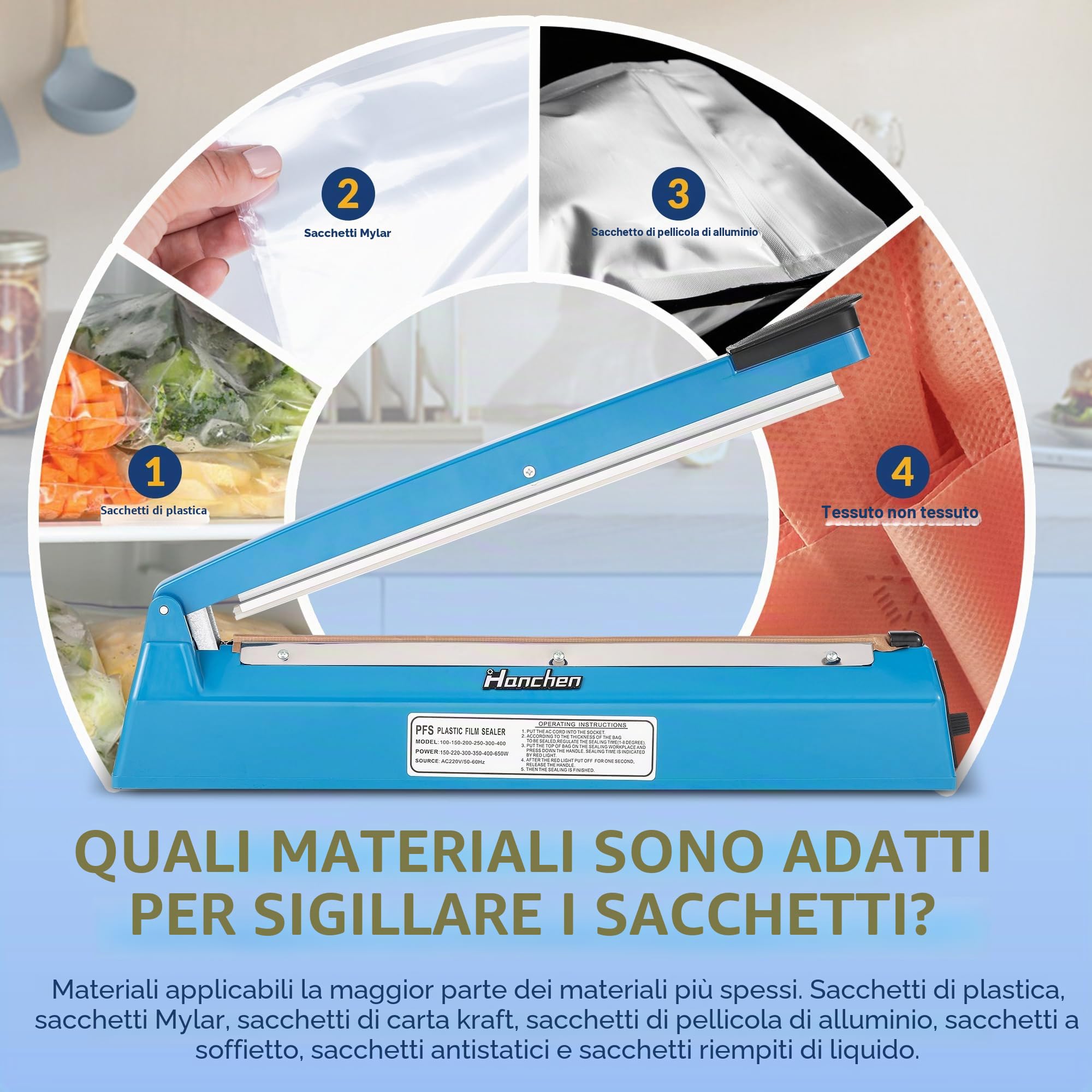 Hanchen Macchina sigillatrice a caldo ad impulsi 400mm per sacchetti di plastica, sigillatrice manuale con 5 fili di riscaldamento di ricambio e strisce in teflon
