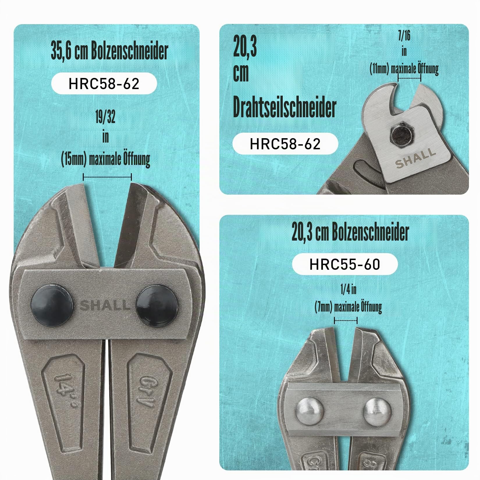 SHALL 3-teiliges Bolzenschneider-Set, 14" Hochleistungs-Bolzenschneider, 8" Drahtschneider, 8" Drahtseilschere, Sicherheitsschloss, effizienterer Hebel und verstellbare Öffnung, inklusive Tragetasche