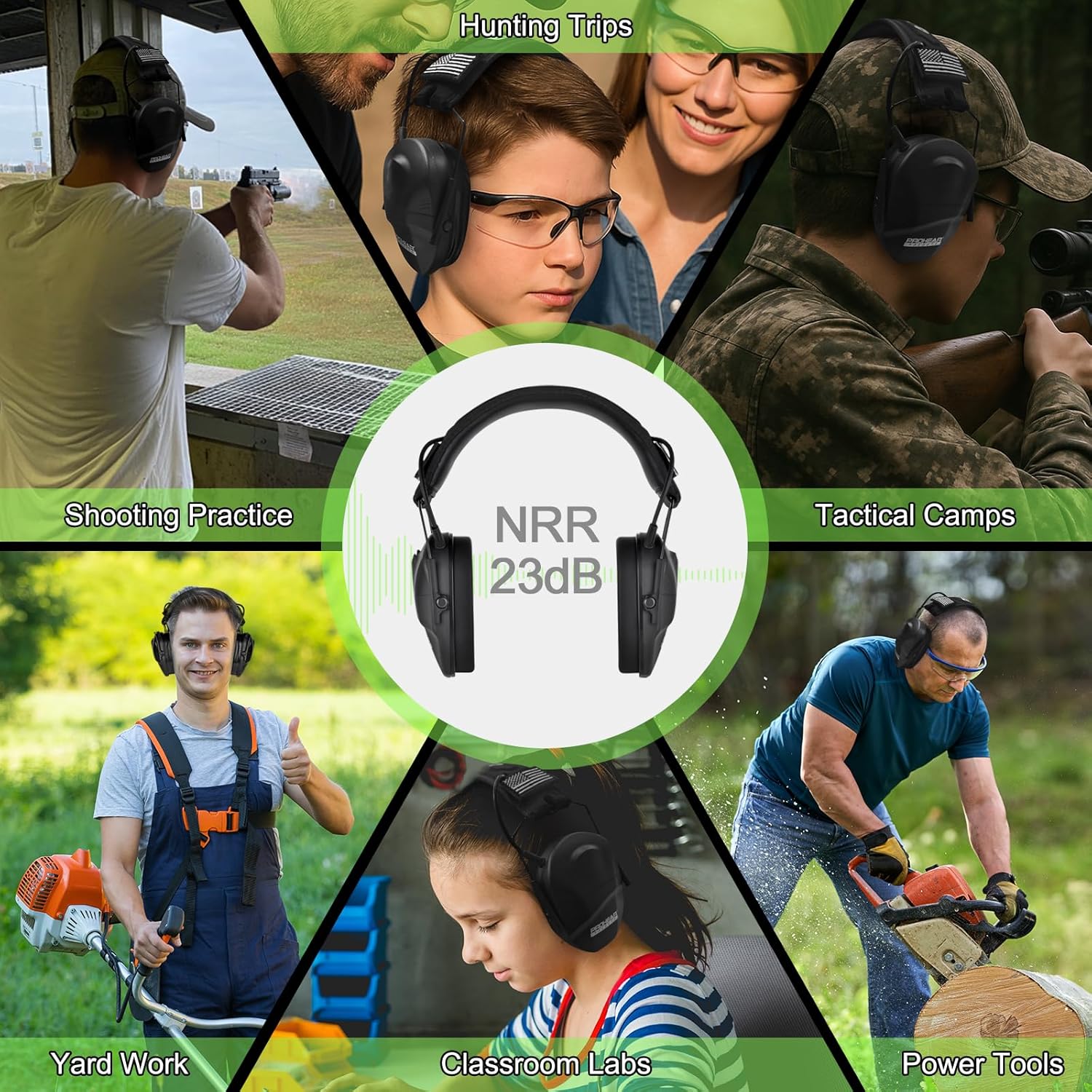 Detailed view of PROHEAR earmuffs highlighting adjustable headband, battery compartment, volume knob, and soft earpads