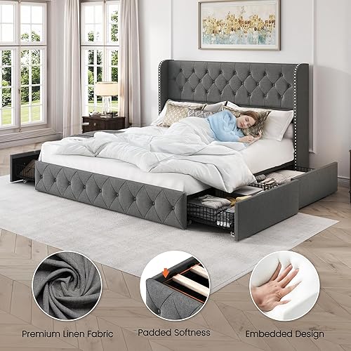 Miniatura 52 de LARMACE - Marco de cama tamaño King con 4 cajones de almacenamiento y cabecera tapizada con botones, cama de plataforma tapizada en lino con