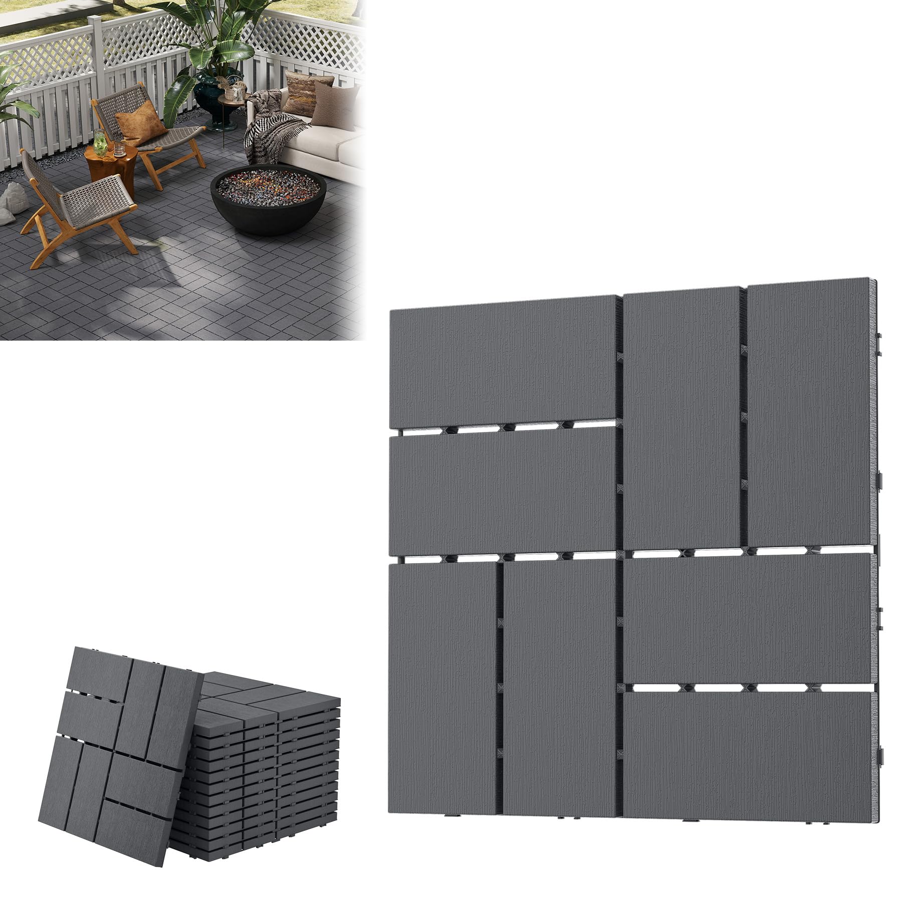 LZQ - Lot de 55 dalles de terrasse en plastique PE de 30 x 30 cm = 5 m² - Dalles de balcon en aspect bois - Revêtement de sol pour balcon et jardin - Plaques résistantes aux intempéries avec fonction